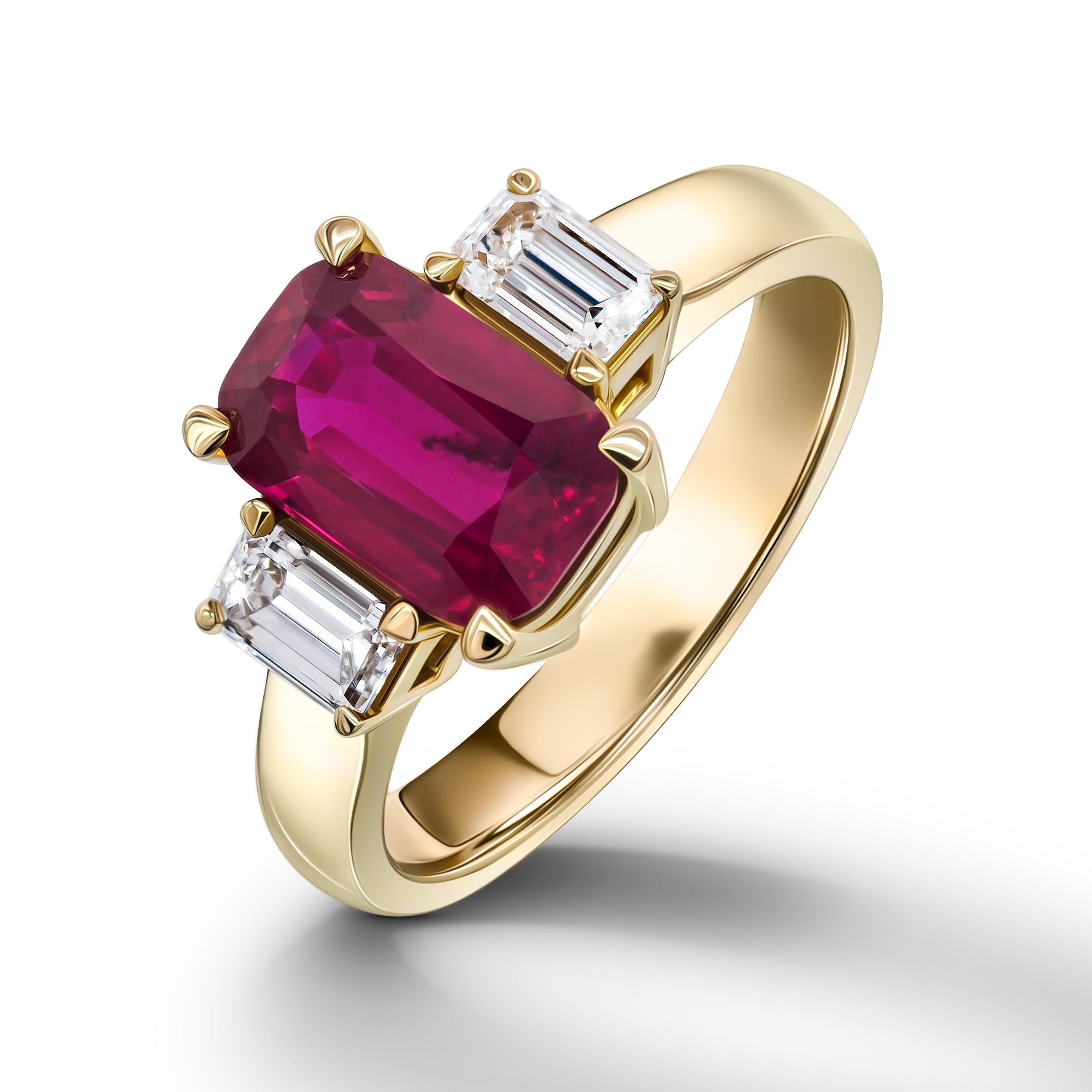 •	18k yellow gold Unheated red Ruby in cushion cut total carat weight 2.52. 
•	Unheated ruby in cushion, total carat weight 2.51 – GRS certified. 
•	Diamonds, 2 pc emerald cut diamonds – total carat weight 0.56.  
•	Ring size – 6.5’.
•	Product