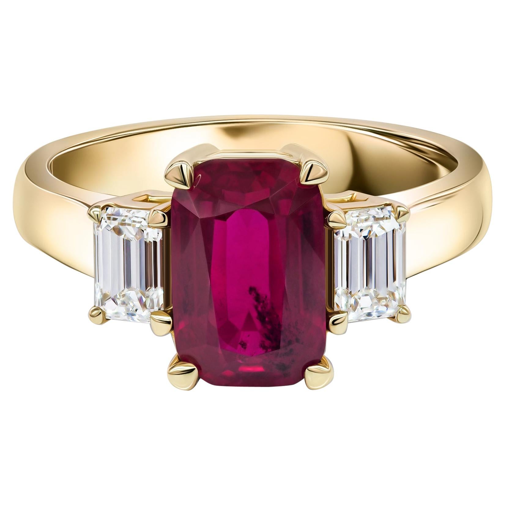 Classic Unheated Ruby & Diamonds Ring, 18k Yellow Gold and Diamond Ring For Sale