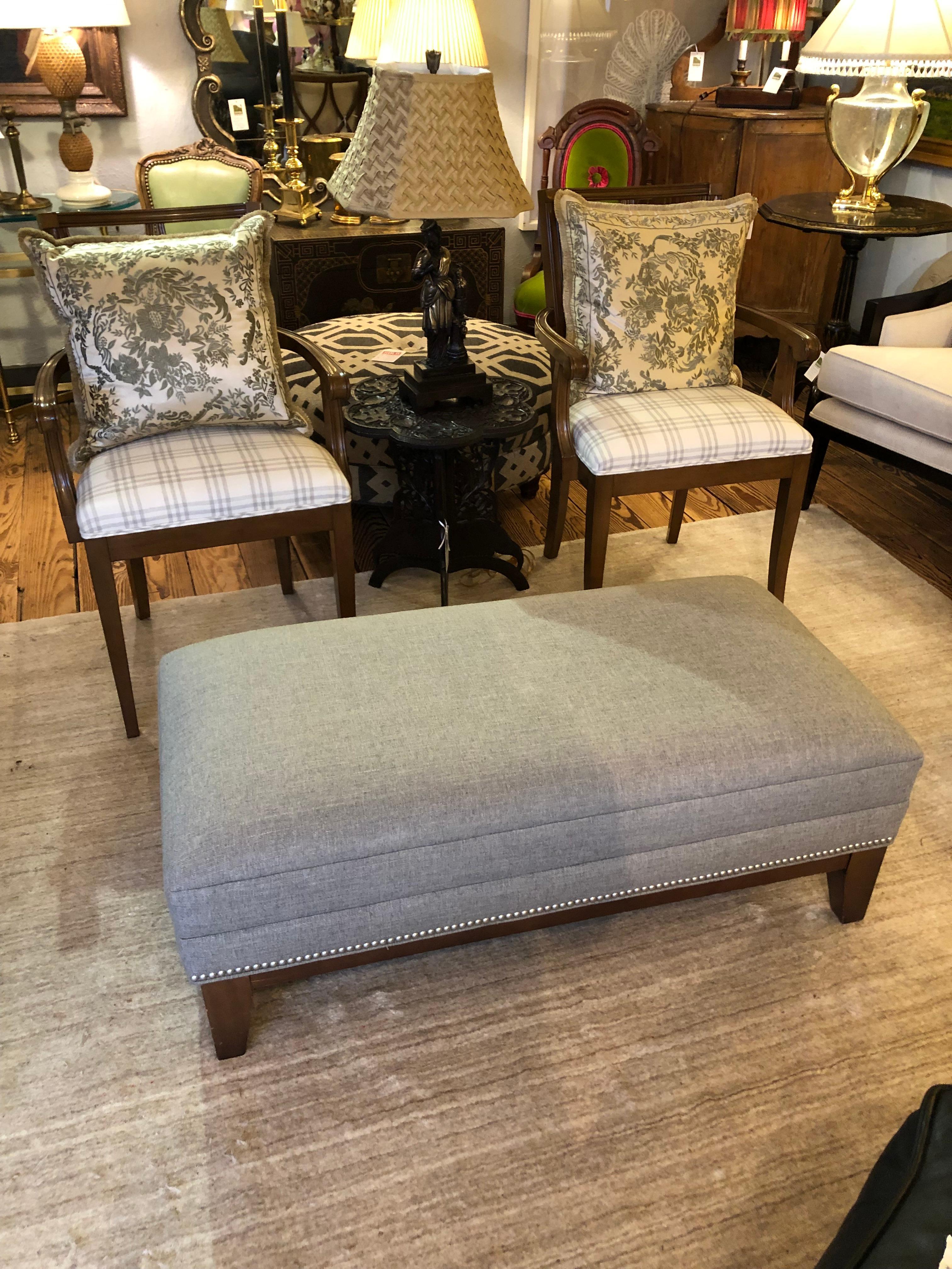 Modern Classic Upholstered Greige Ottoman with Nailheads