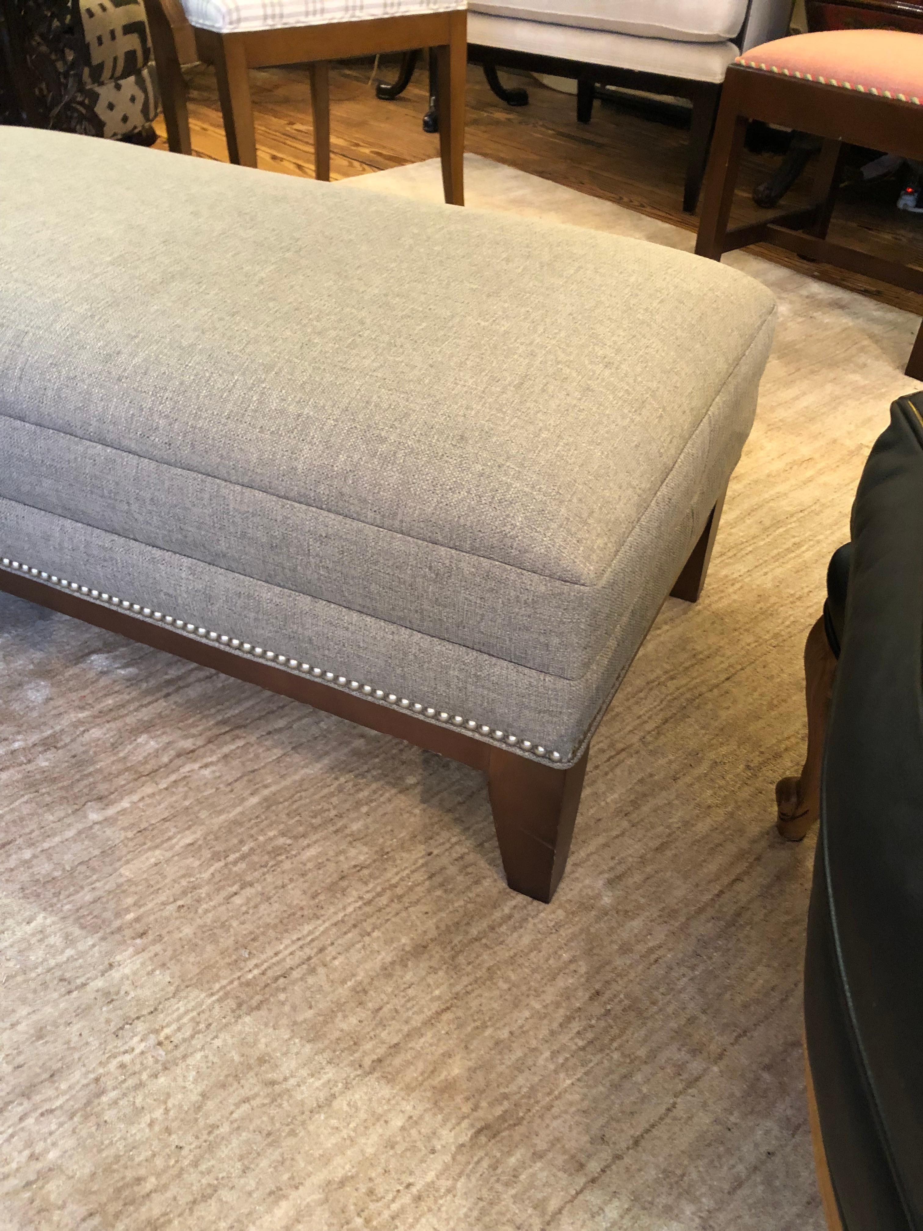 Contemporary Classic Upholstered Greige Ottoman with Nailheads