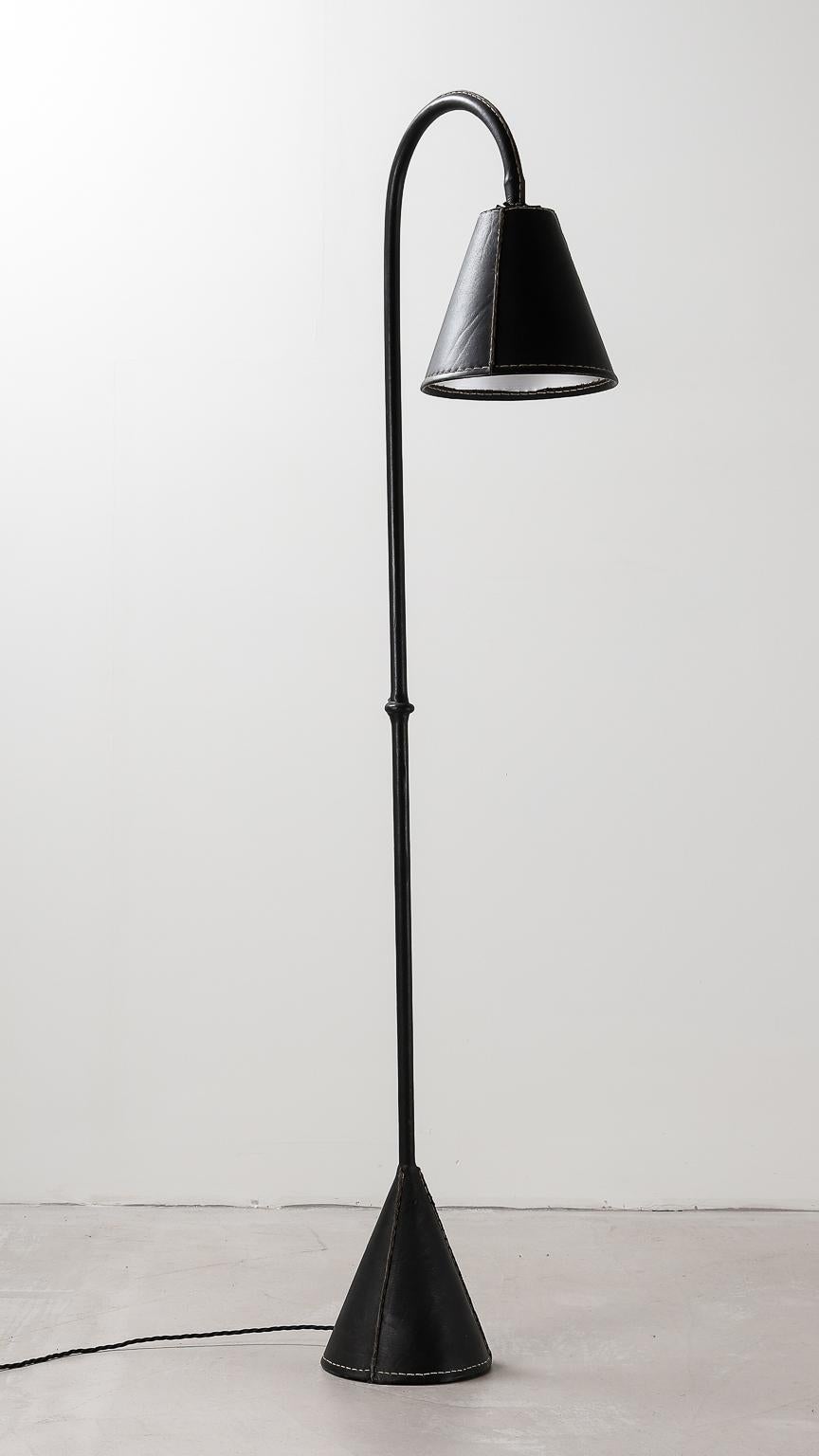 Mid-Century Modern Classic Valenti Black Leather Floor Lamp Spanish 1960s with Stitching Detail