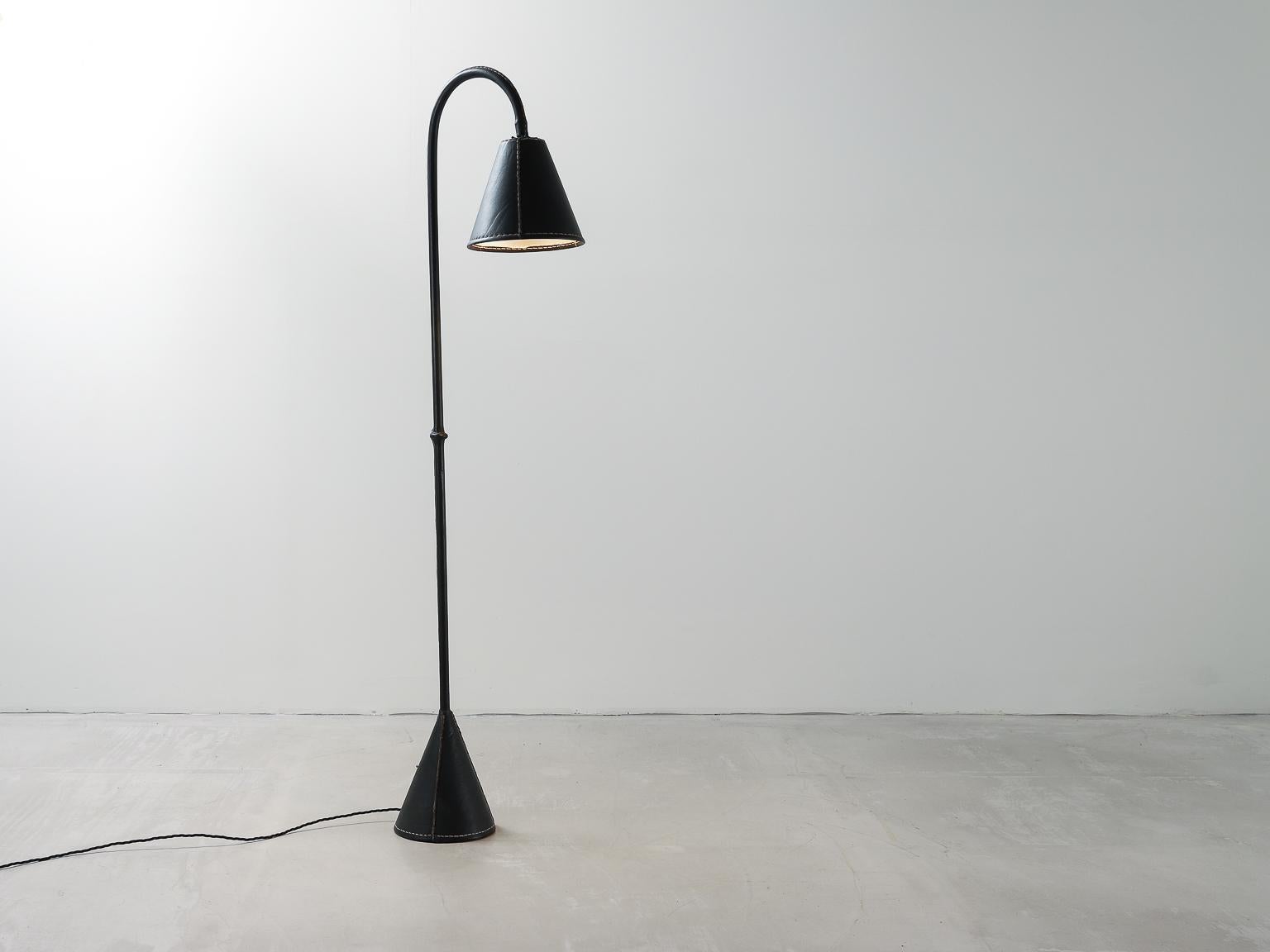 20th Century Classic Valenti Black Leather Floor Lamp Spanish 1960s with Stitching Detail