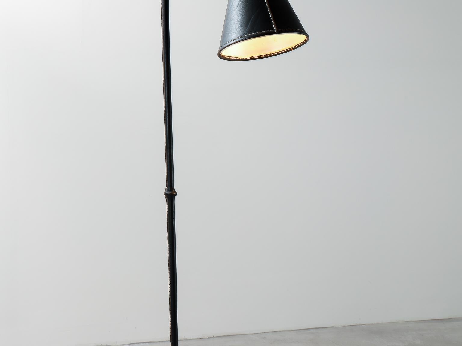 Classic Valenti Black Leather Floor Lamp Spanish 1960s with Stitching Detail 3