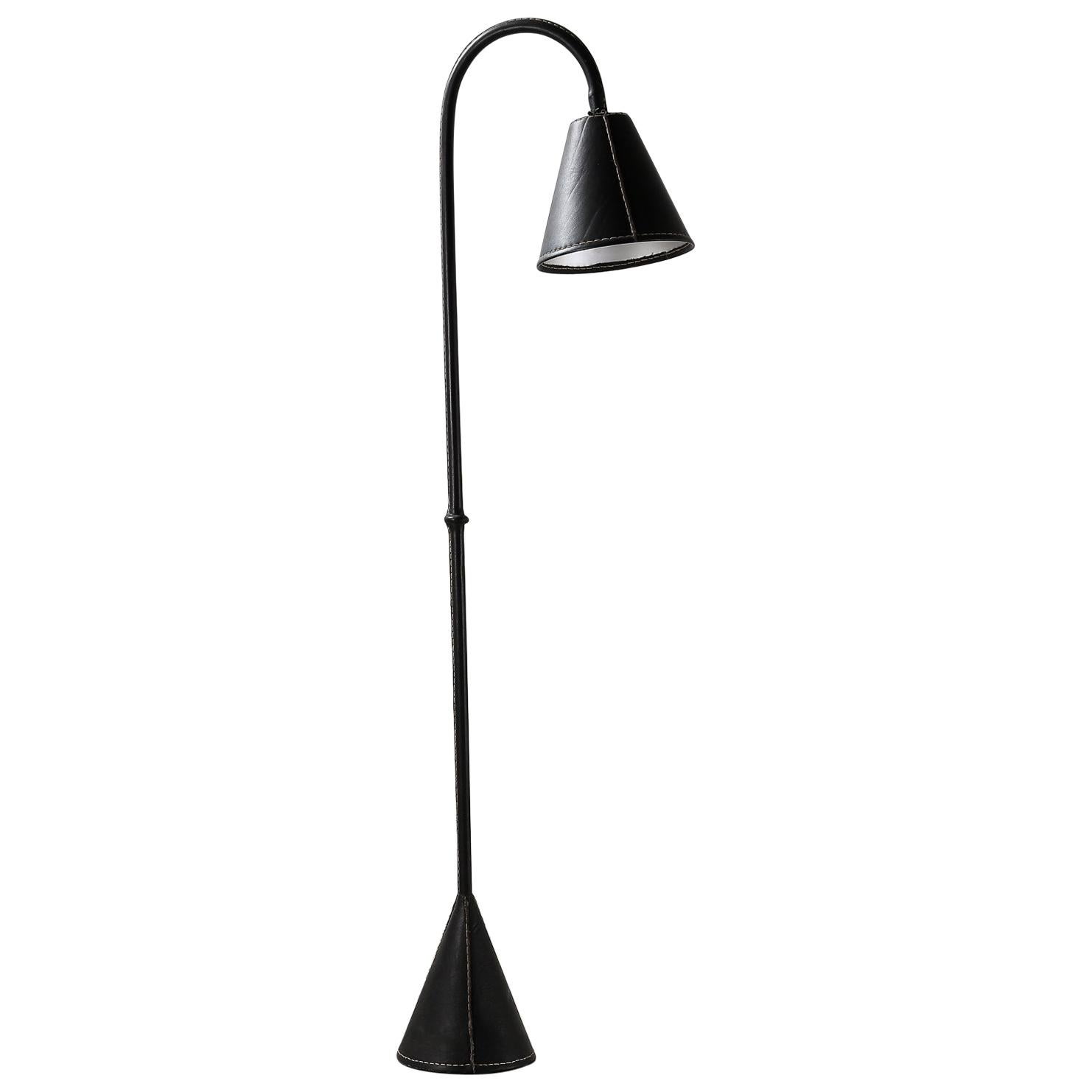 Classic Valenti Black Leather Floor Lamp Spanish 1960s with Stitching Detail