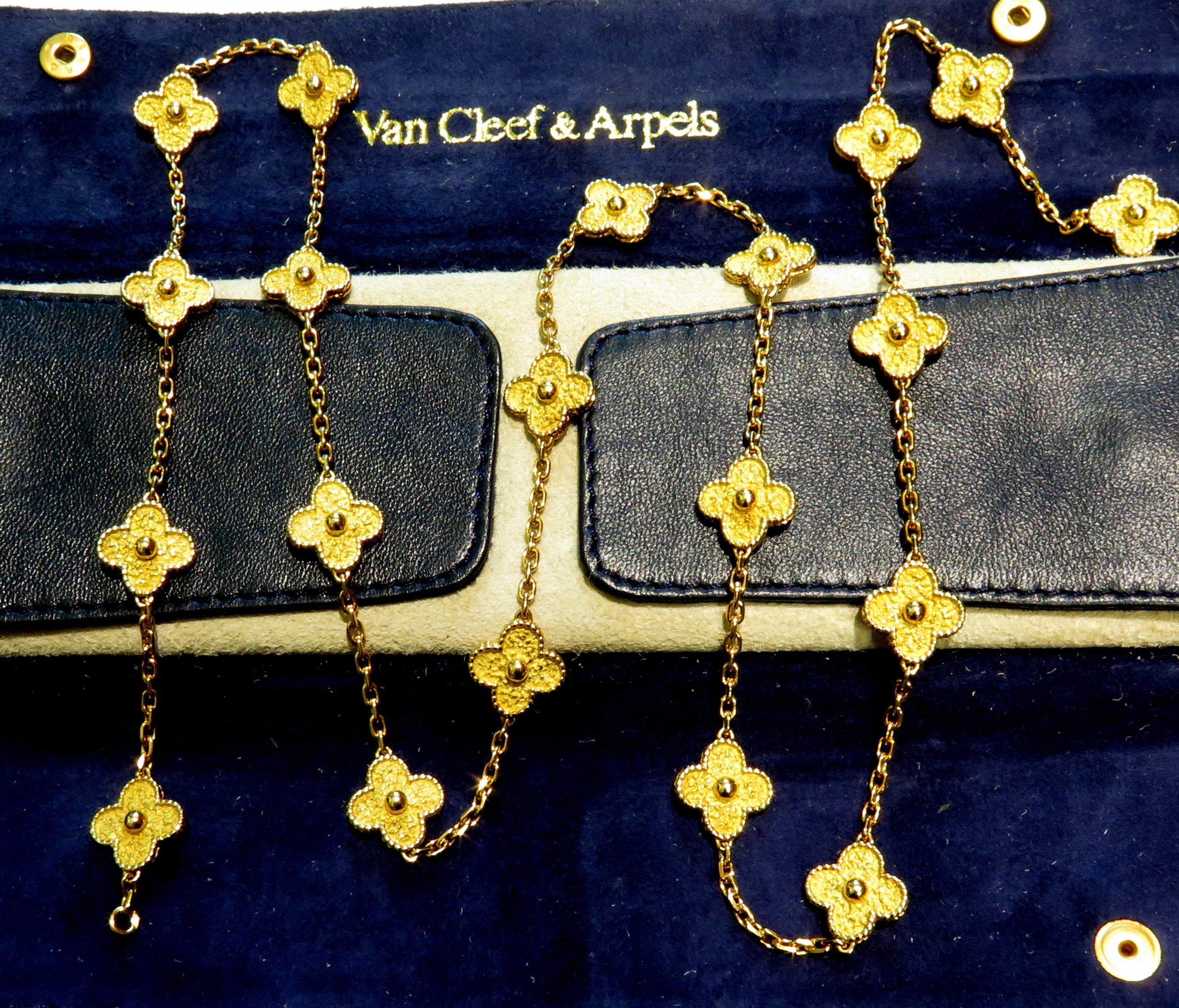 This stunning Alhambra necklace was purchased in 1970. It has 20 motifs in 18 karat yellow gold. This necklace comes with the original leather pouch.    
This Alhambra necklace measures 31 1/2 inch long
This Alhambra necklace weighs 60.1