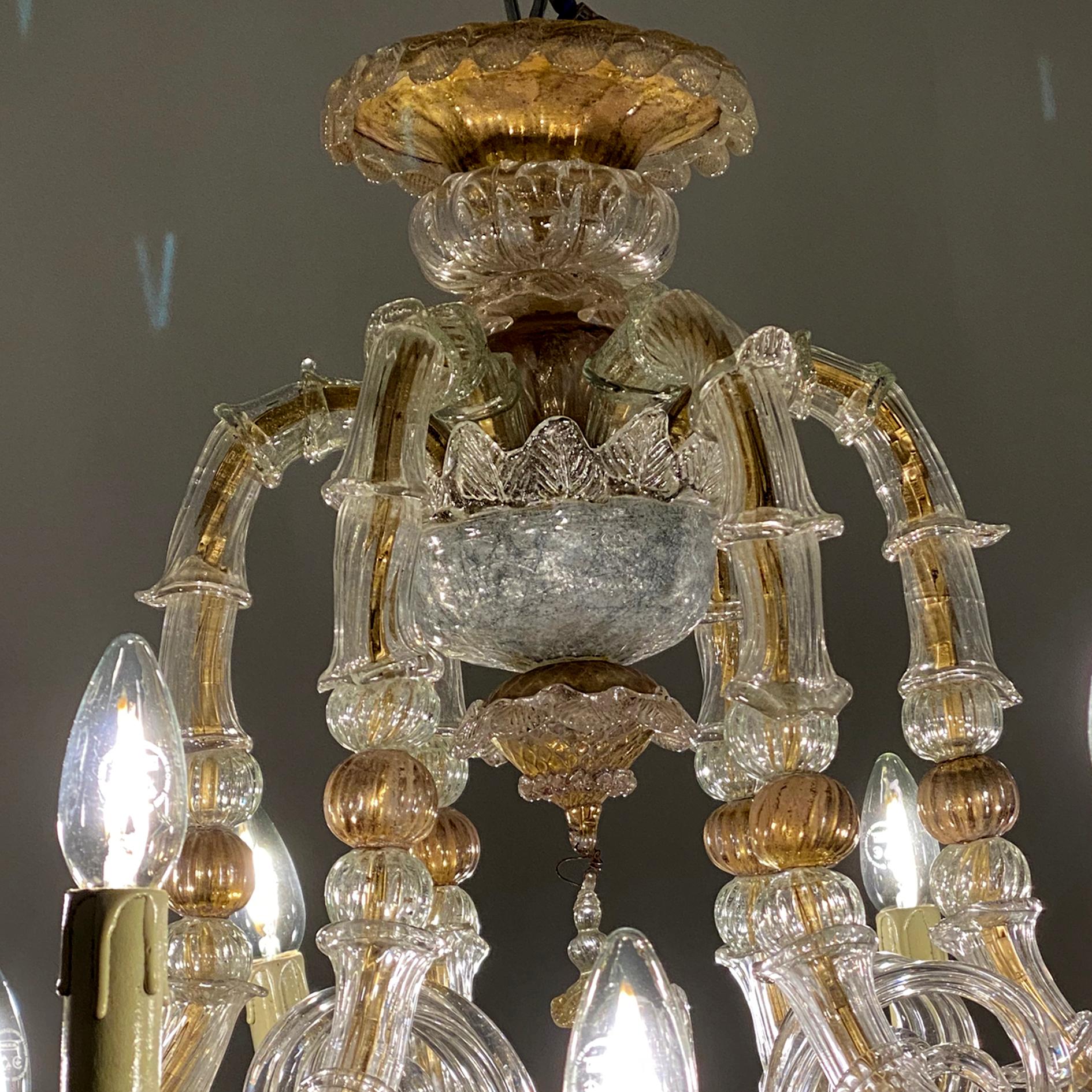 Italian Classic Venetian Baroque Style Custom Made 24-K Gold and Murano Glass Chandelier For Sale