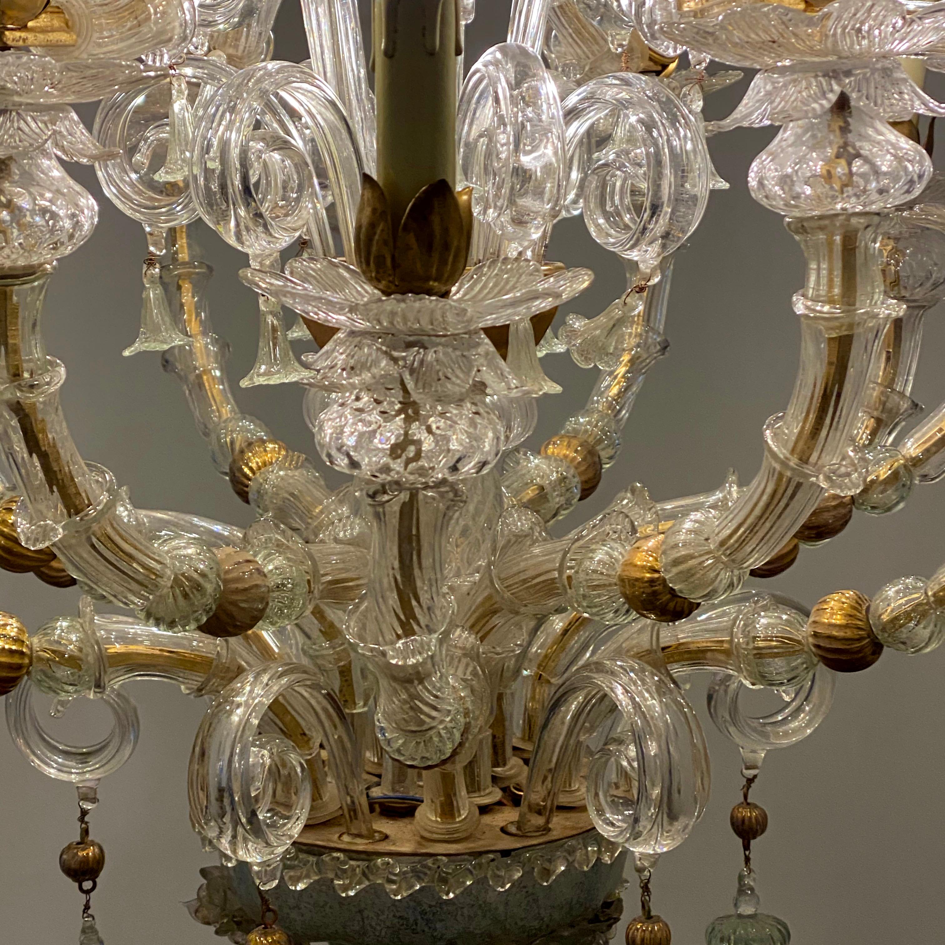 20th Century Classic Venetian Baroque Style Custom Made 24-K Gold and Murano Glass Chandelier For Sale