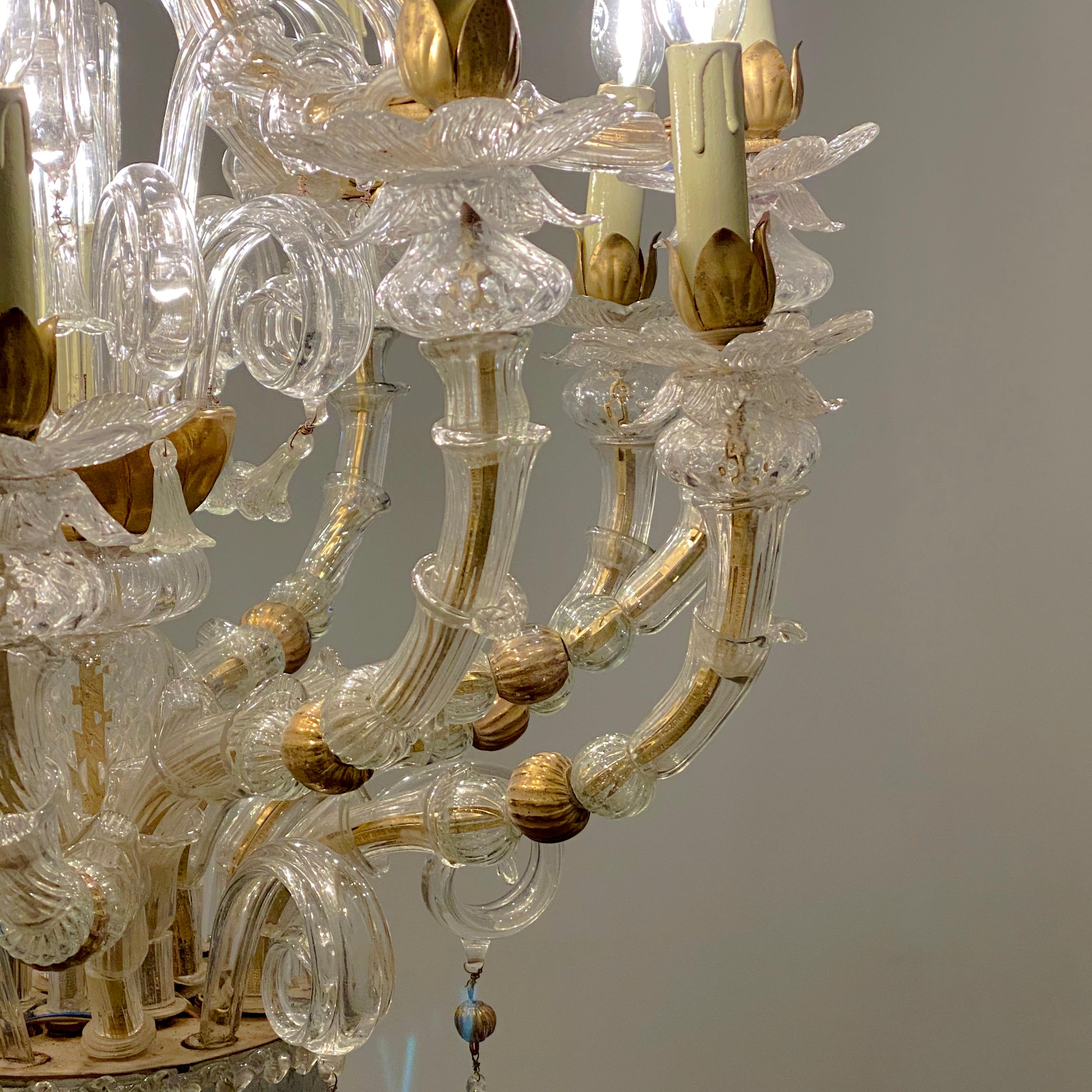 Classic Venetian Baroque Style Custom Made 24-K Gold and Murano Glass Chandelier For Sale 2