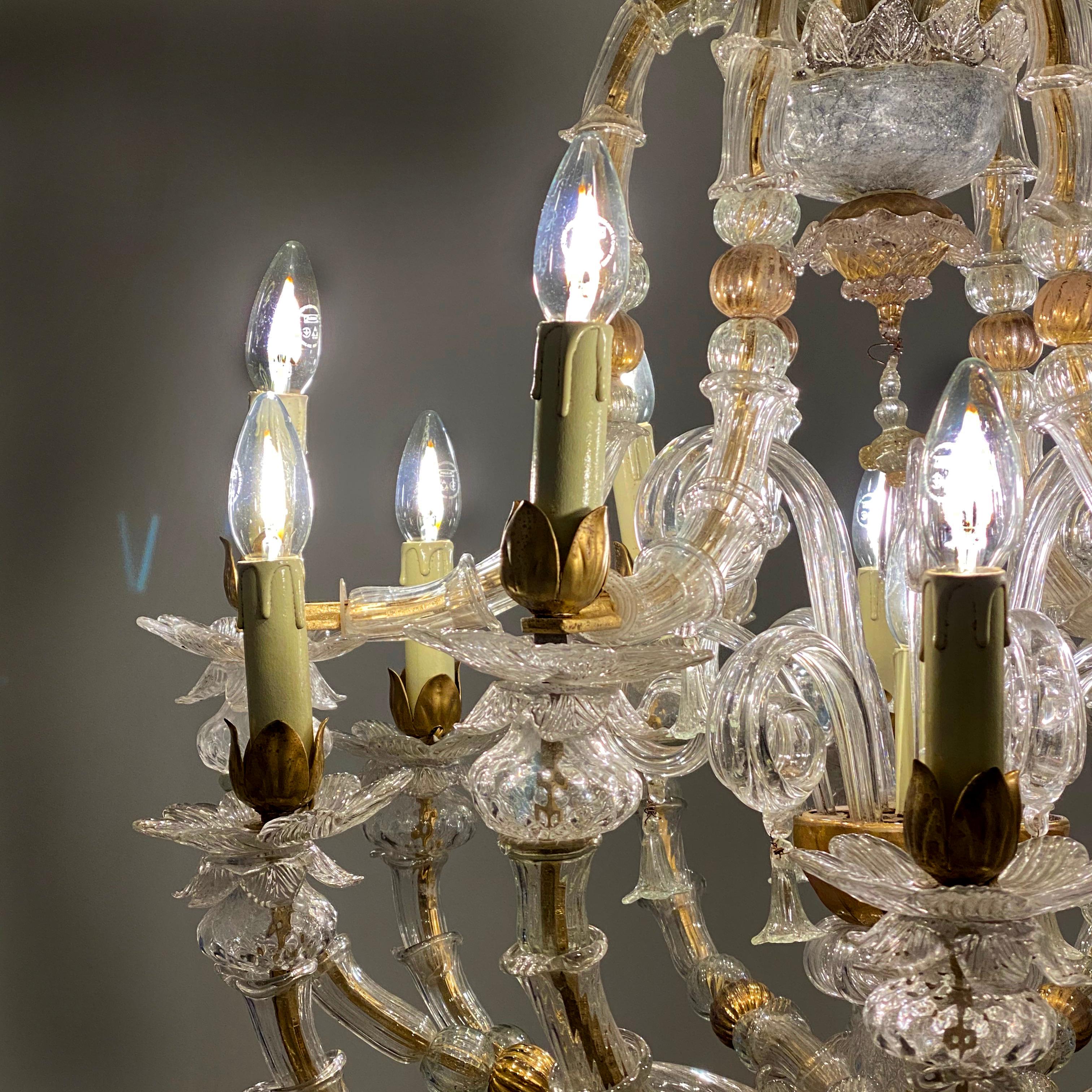 Classic Venetian Baroque Style Custom Made 24-K Gold and Murano Glass Chandelier For Sale 3
