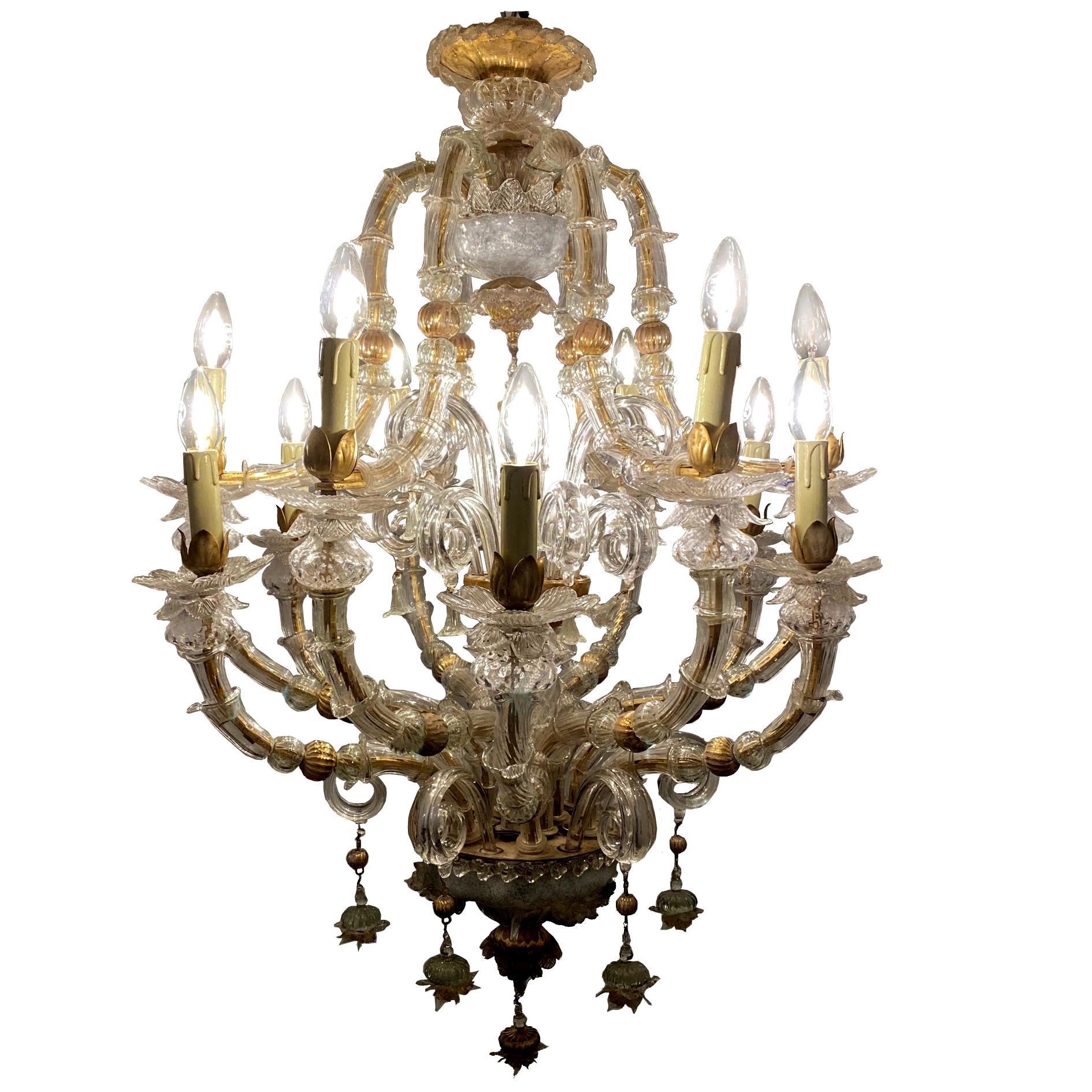 Classic Venetian Baroque Style Custom Made 24-K Gold and Murano Glass Chandelier For Sale