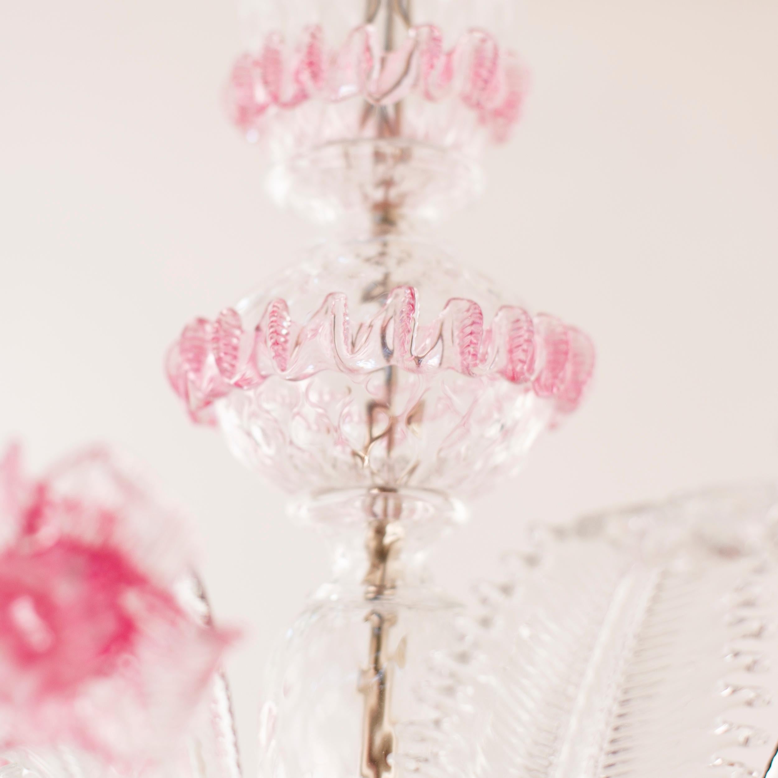 Contemporary Classic venetian Chandelier 5 Arms Pink Murano Glass by Multiforme in Stock For Sale