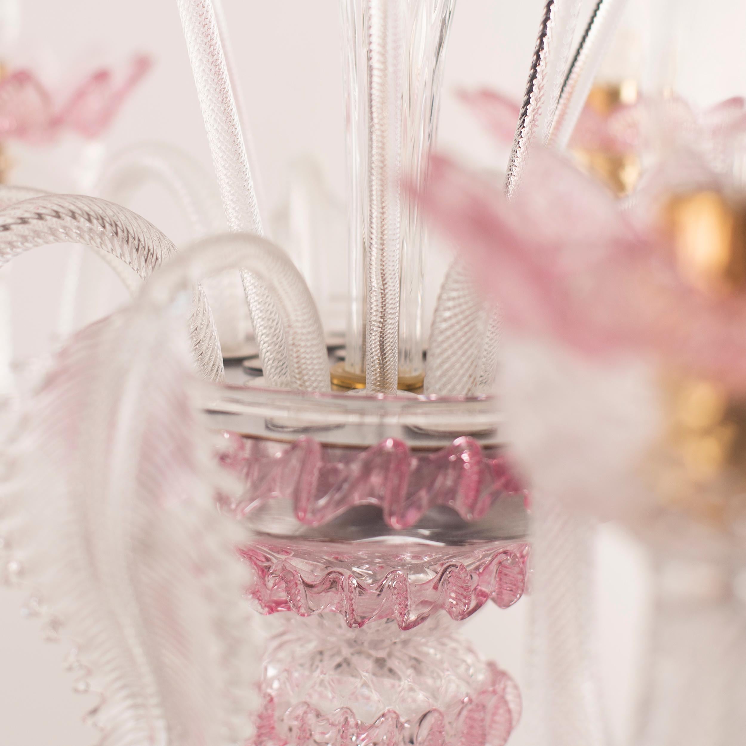 Blown Glass Classic venetian Chandelier 5 Arms Pink Murano Glass by Multiforme in Stock For Sale