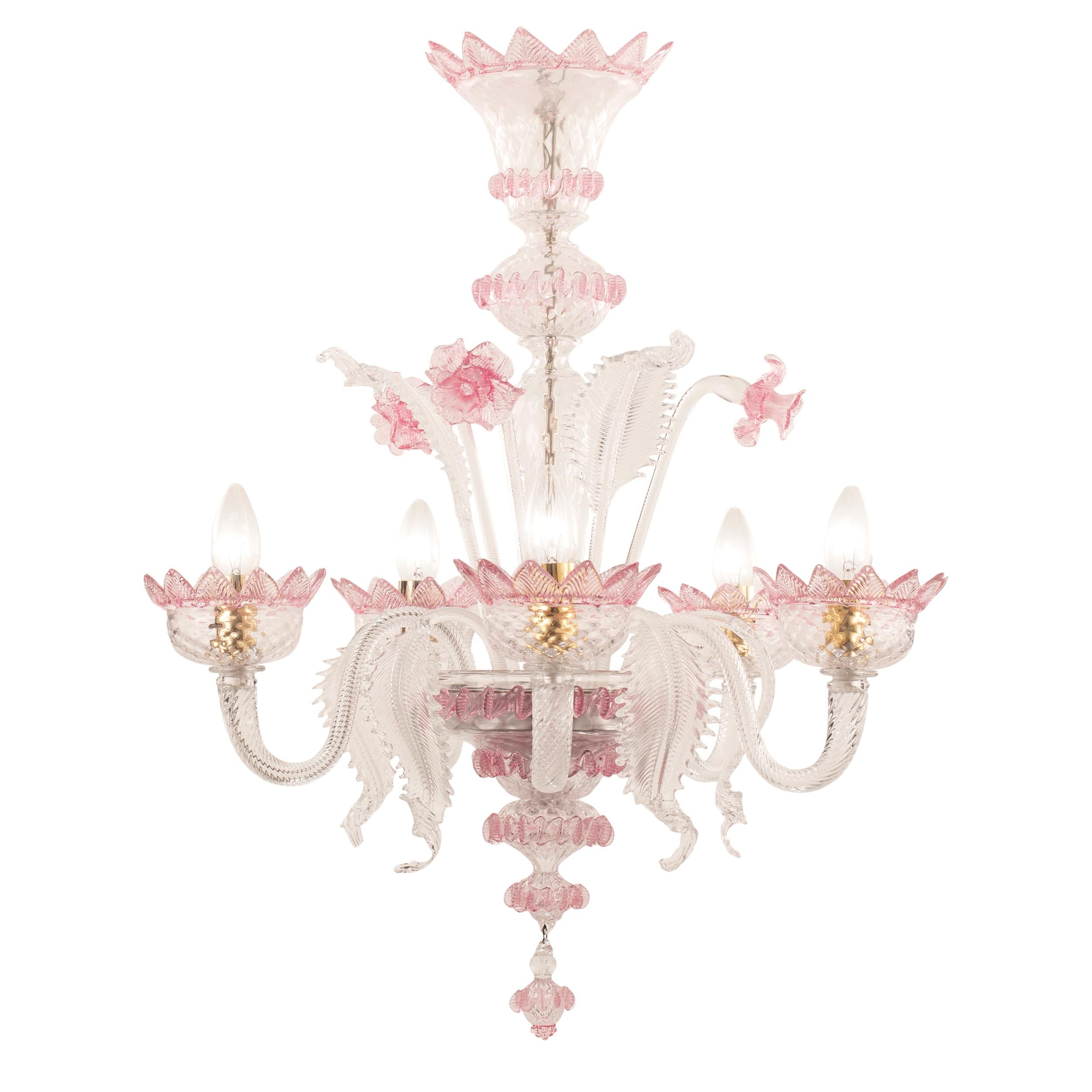 Classic venetian Chandelier 5 Arms Pink Murano Glass by Multiforme in Stock