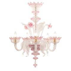 Lampadario classico veneziano a 5 bracci in vetro di Murano rosa di Multiforme