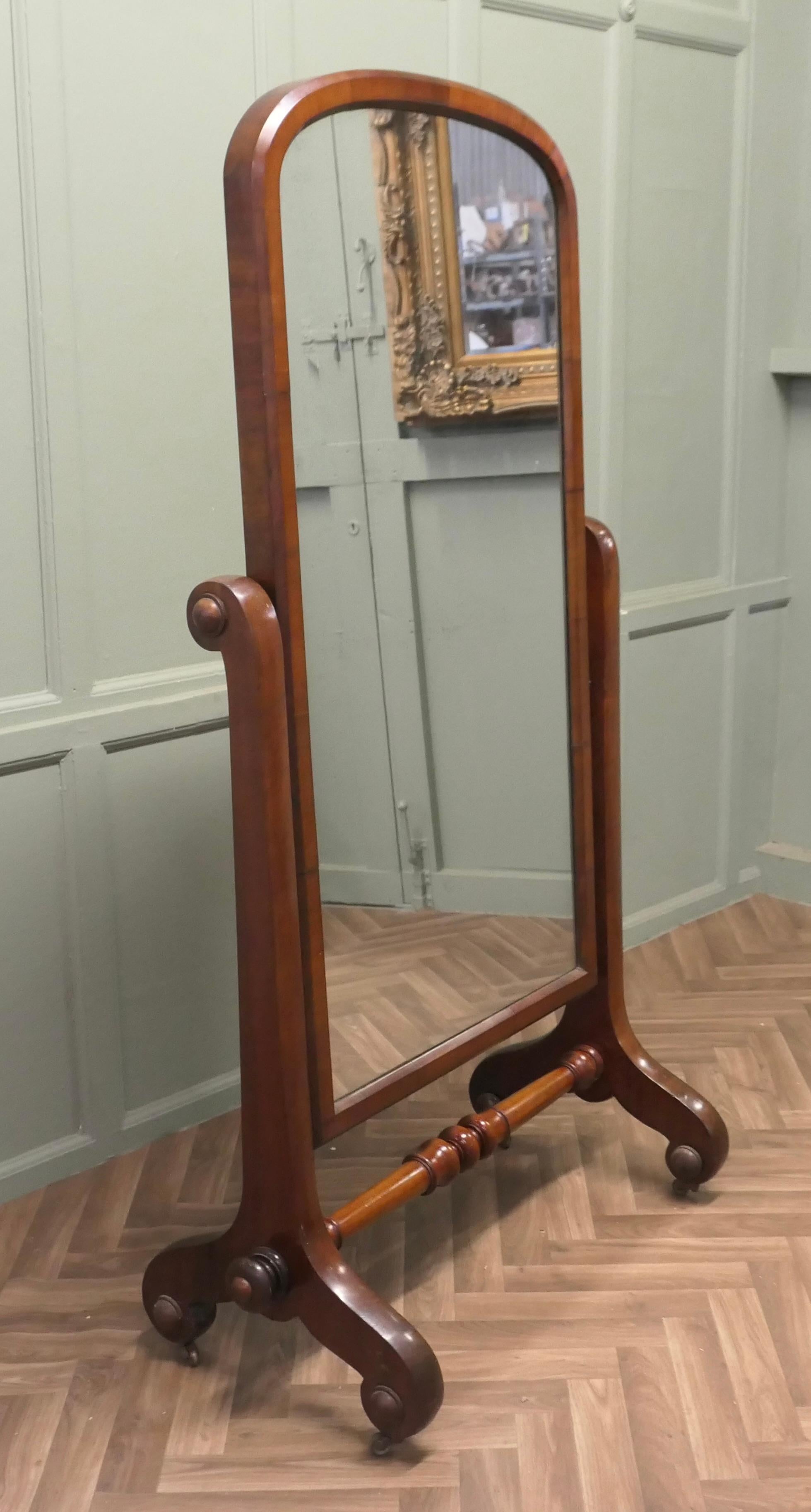 Classic Victorian Cheval Mirror or Dressing Mirror

Large Victorian Floor Standing Cheval Mirror this is a good quality piece with scroll feet and curved uprights, the mirror is in good condition and has been recently repolished.
The mirror is 38”