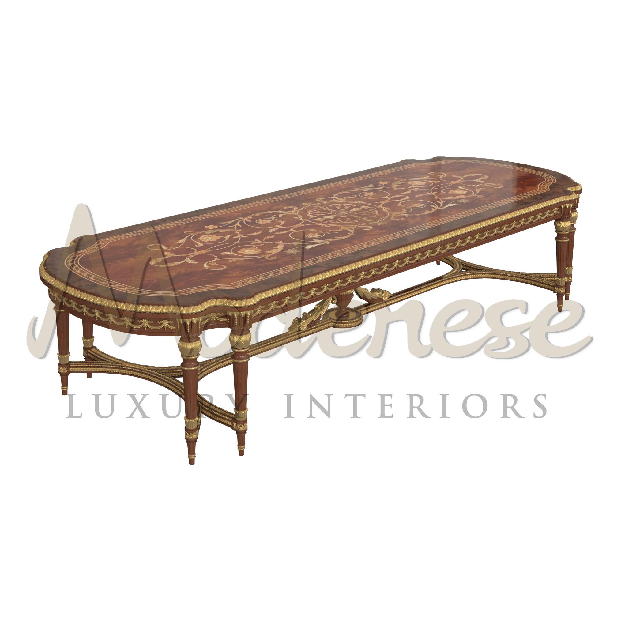 A classic large briar table, with intricate inlay design top that can accomodate a warm gathering up to 10 seatings. Ornated with golden motif details all around the table to enhance the excellency and grandeur presence. The subtle delicacy and