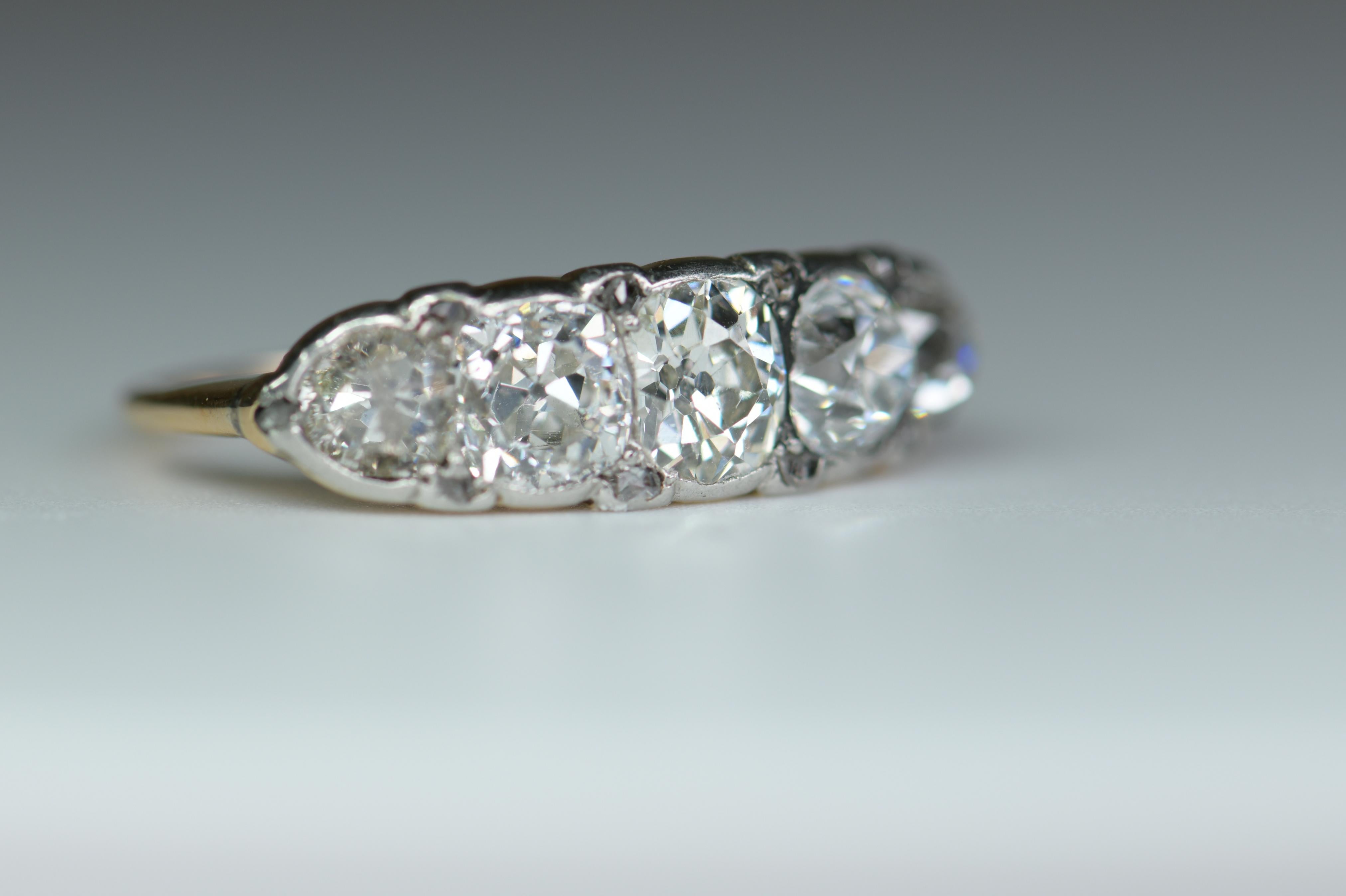 A stunning Victorian diamond quintet line ring, liner set with five graduated old irregular cushion cut diamonds total estimated diamond weight approx 3.2ct. What a wonderful ring to give as an engagement or commitment ring, or just to wear as a