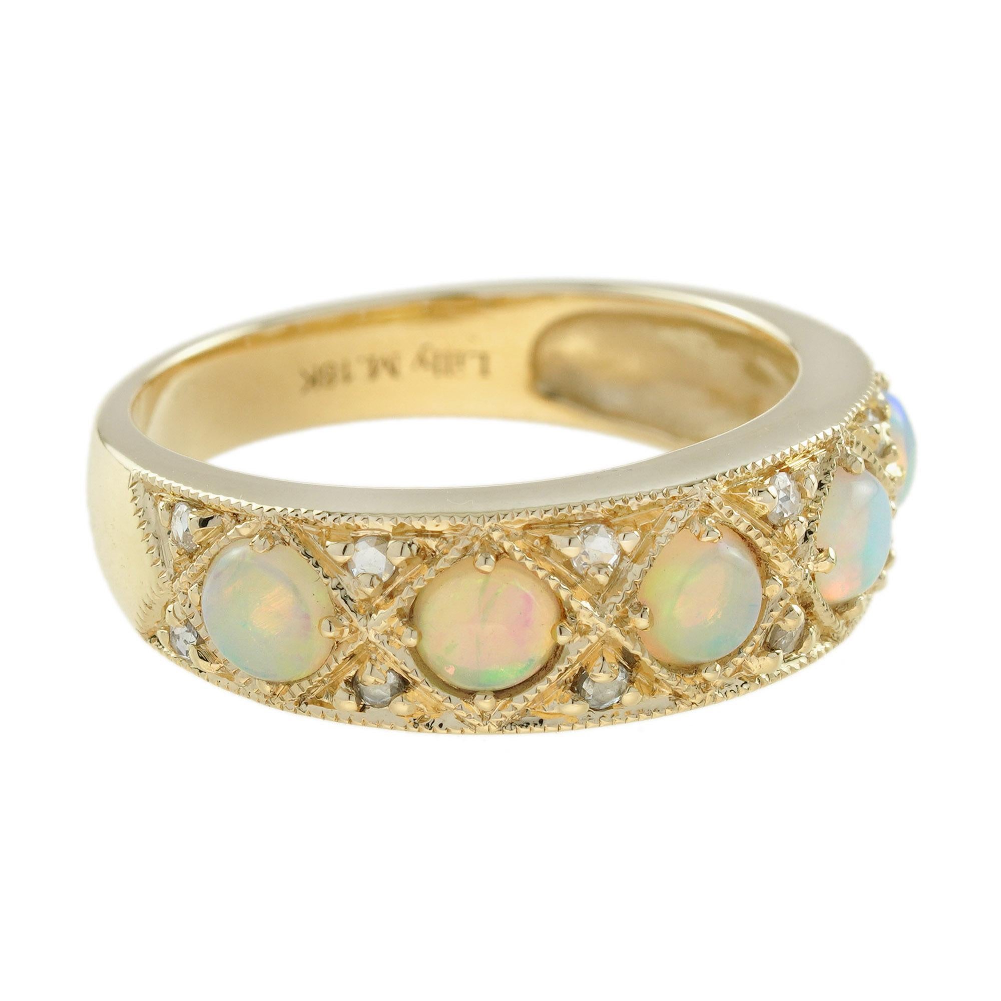 Embrace timeless beauty with the Classic Victorian Style Opal and Diamond Band Ring. Featuring a stunning opal delicately set along the band, surrounded by sparkling diamonds, this ring exudes vintage charm and elegance. The intricate Victorian