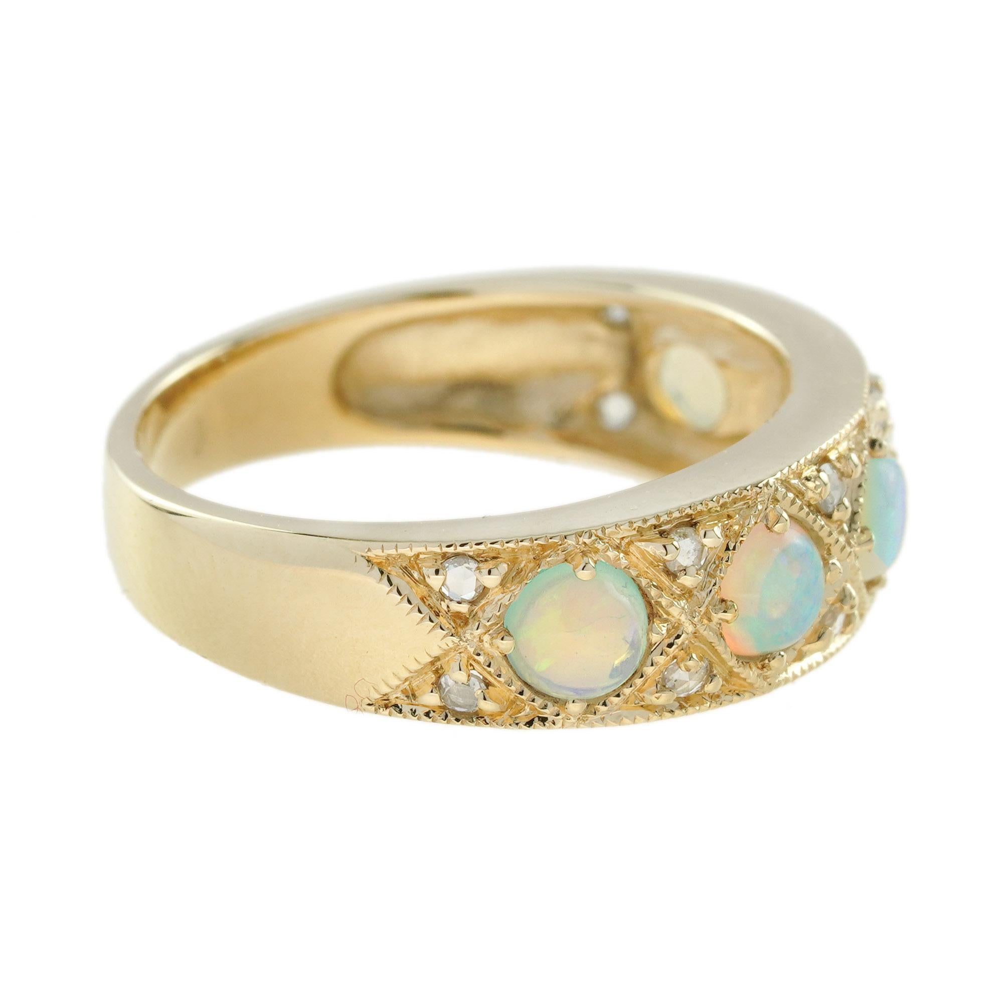 Art Deco Classic Victorian Style Opal and Diamond Band Ring in 18K Yellow Gold For Sale