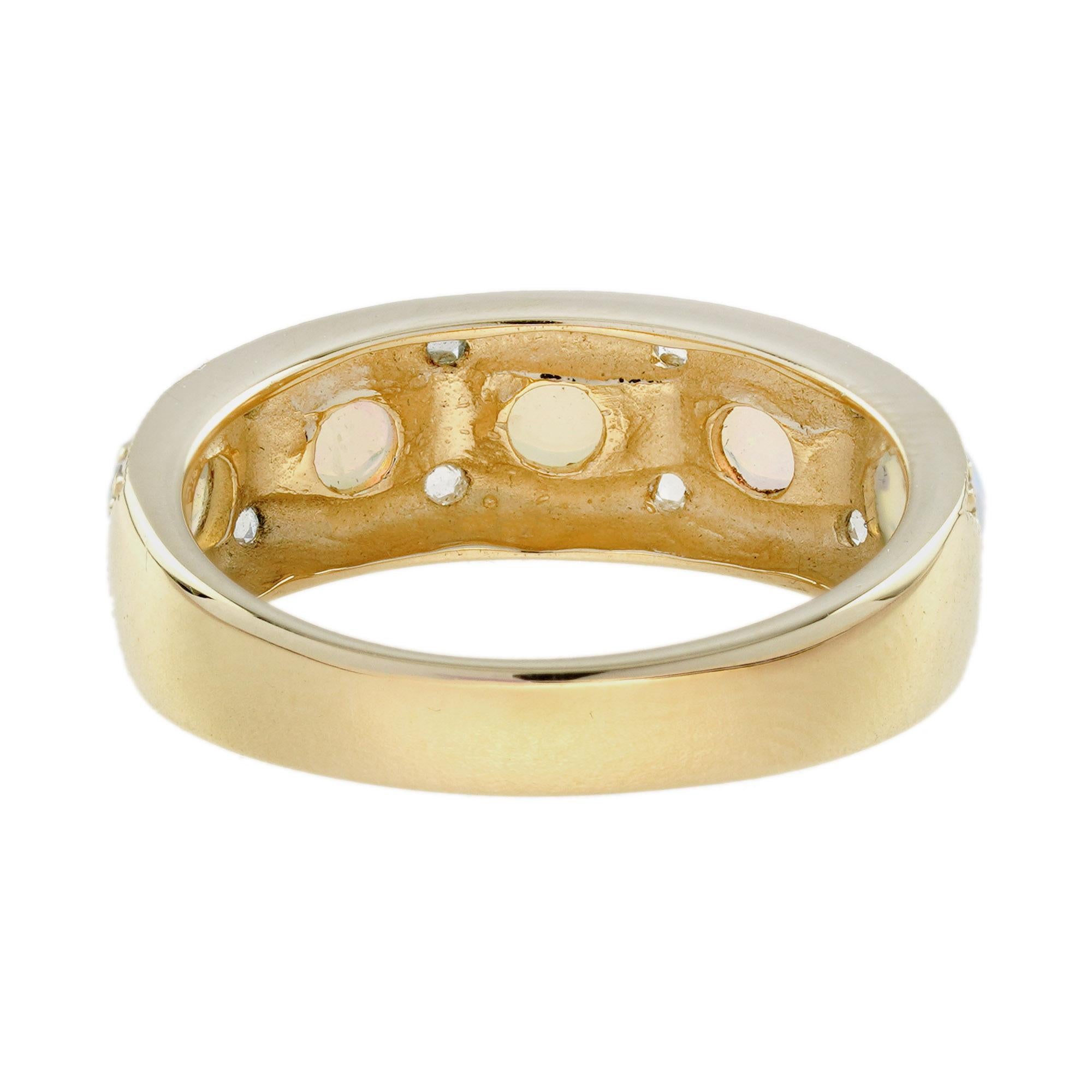 Round Cut Classic Victorian Style Opal and Diamond Band Ring in 18K Yellow Gold For Sale
