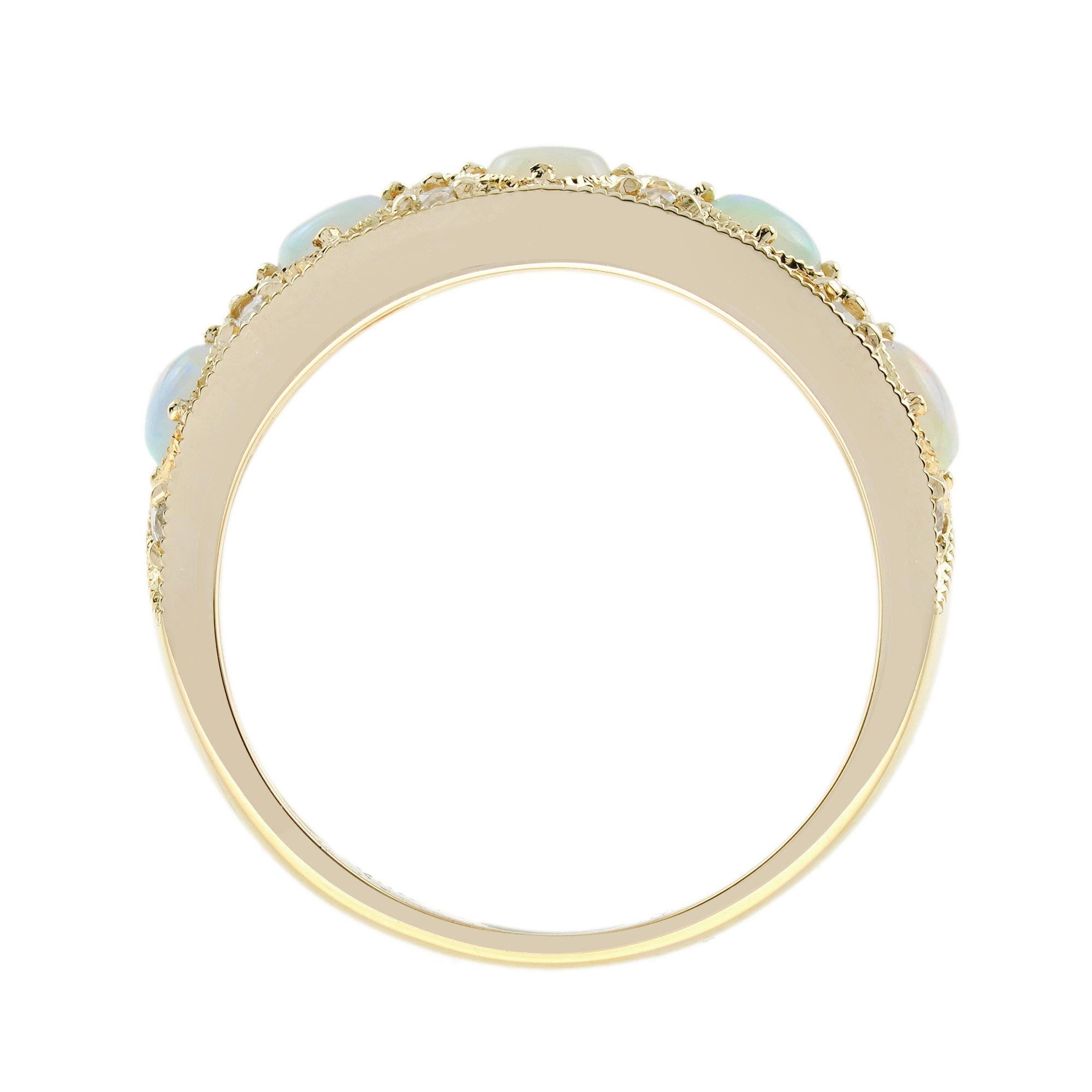 Classic Victorian Style Opal and Diamond Band Ring in 18K Yellow Gold In New Condition For Sale In Bangkok, TH