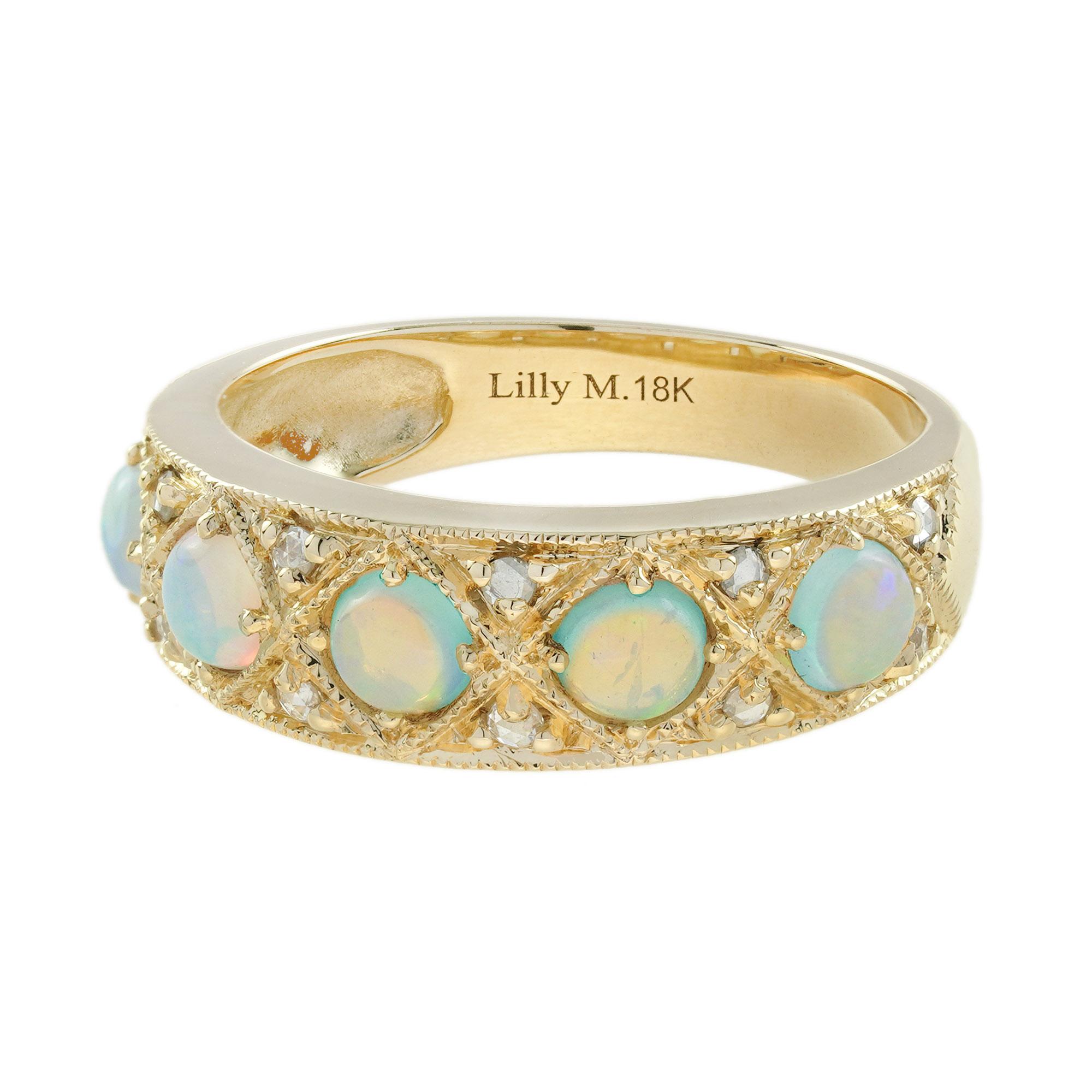 Women's or Men's Classic Victorian Style Opal and Diamond Band Ring in 18K Yellow Gold For Sale
