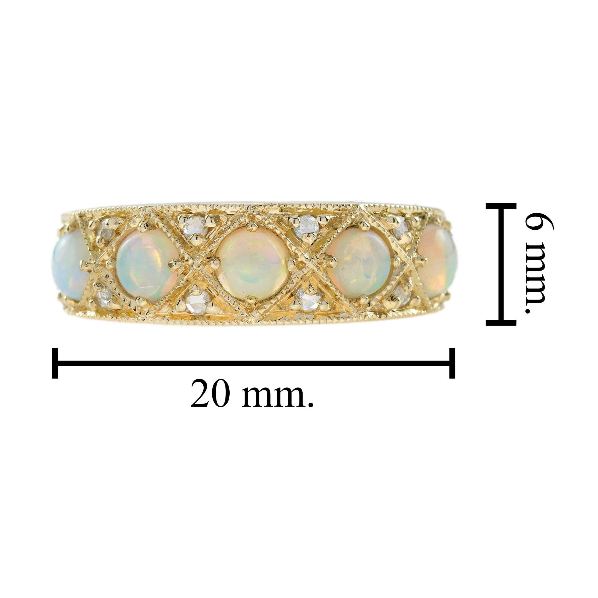 Classic Victorian Style Opal and Diamond Band Ring in 18K Yellow Gold For Sale 1