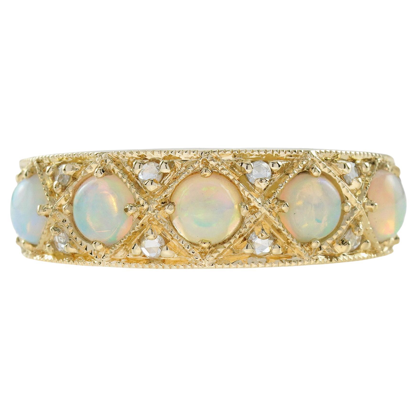 Classic Victorian Style Opal and Diamond Band Ring in 18K Yellow Gold For Sale