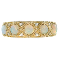 Classic Victorian Style Opal and Diamond Band Ring in 18K Yellow Gold