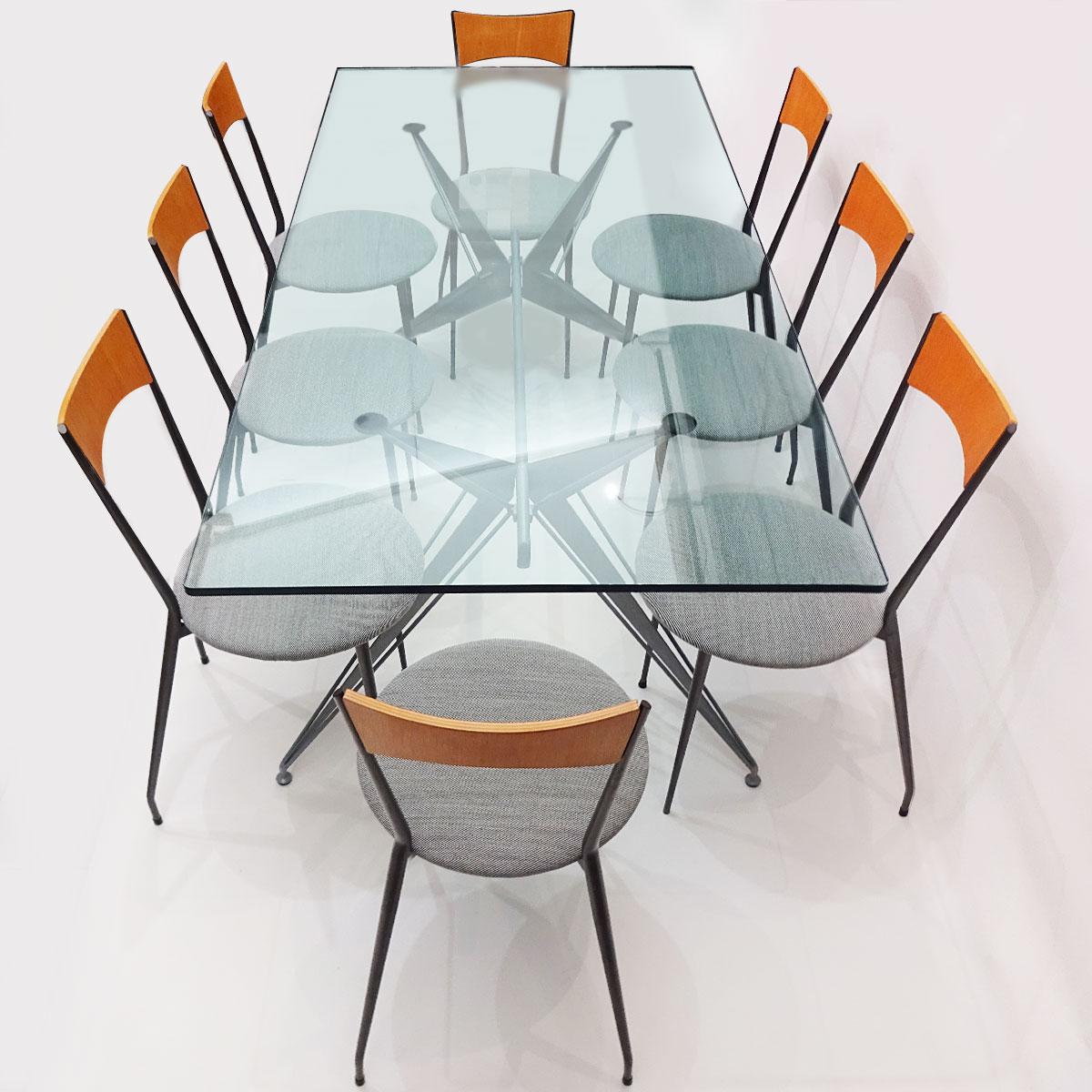 Italian Classic Vintage 1980s Retro Conran Dining Set in Glass, Metal and Fabric
