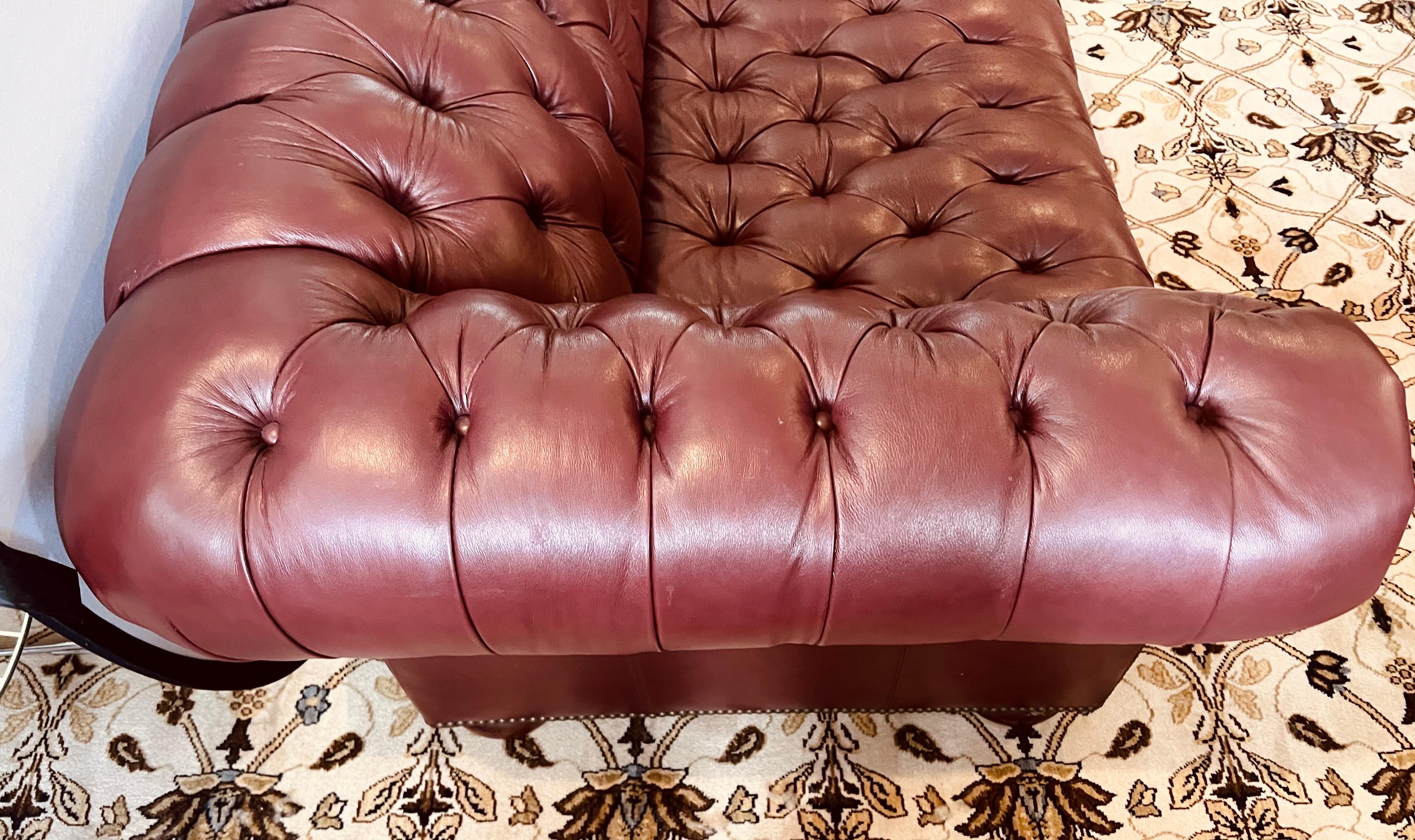 Brass Classic Vintage Burgundy Leather Chesterfield Button Tufted Sofa