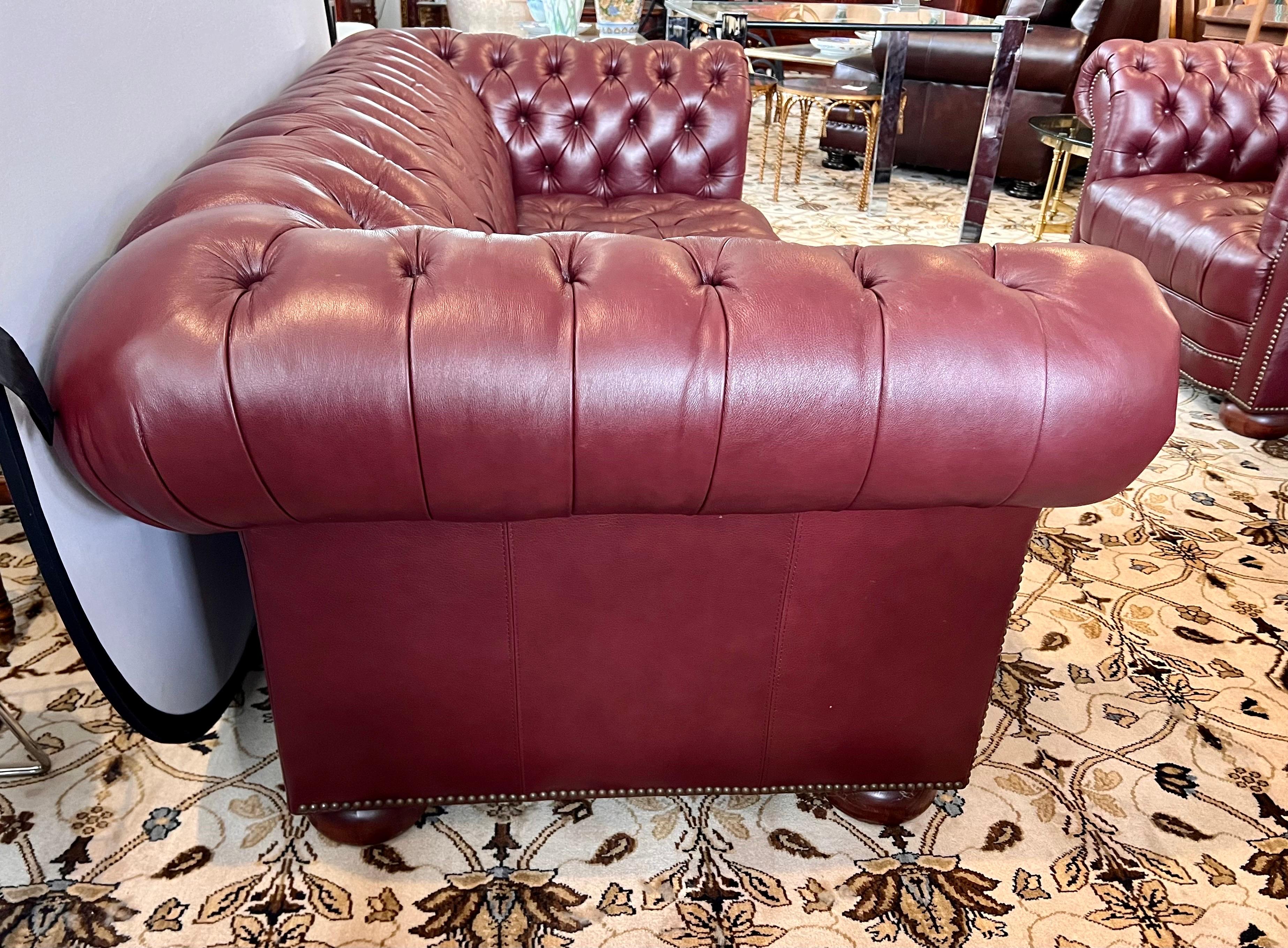 Classic Vintage Burgundy Leather Chesterfield Button Tufted Sofa 1