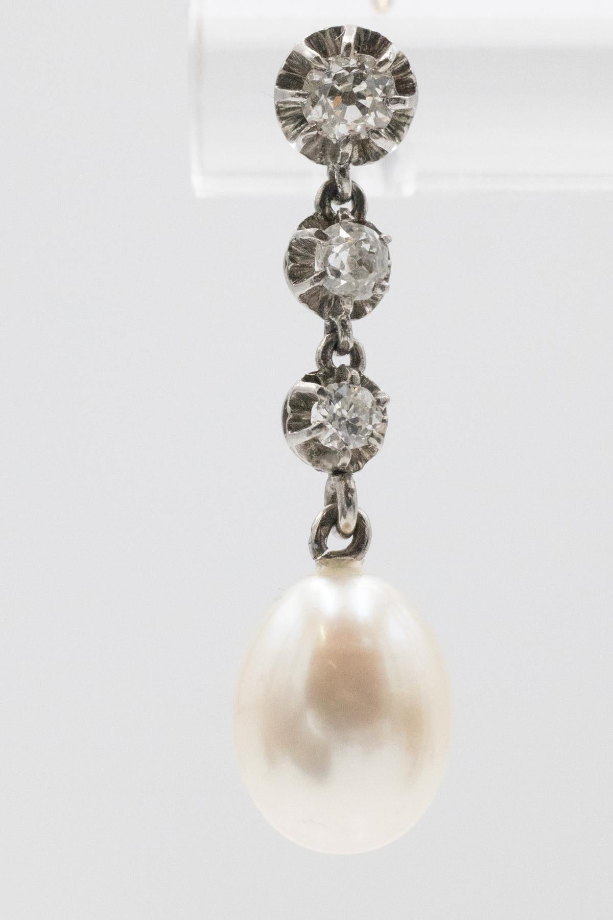 Pendientes clásicos de época con diamantes y perlas, principios del siglo XX. Corte europeo antiguo en venta