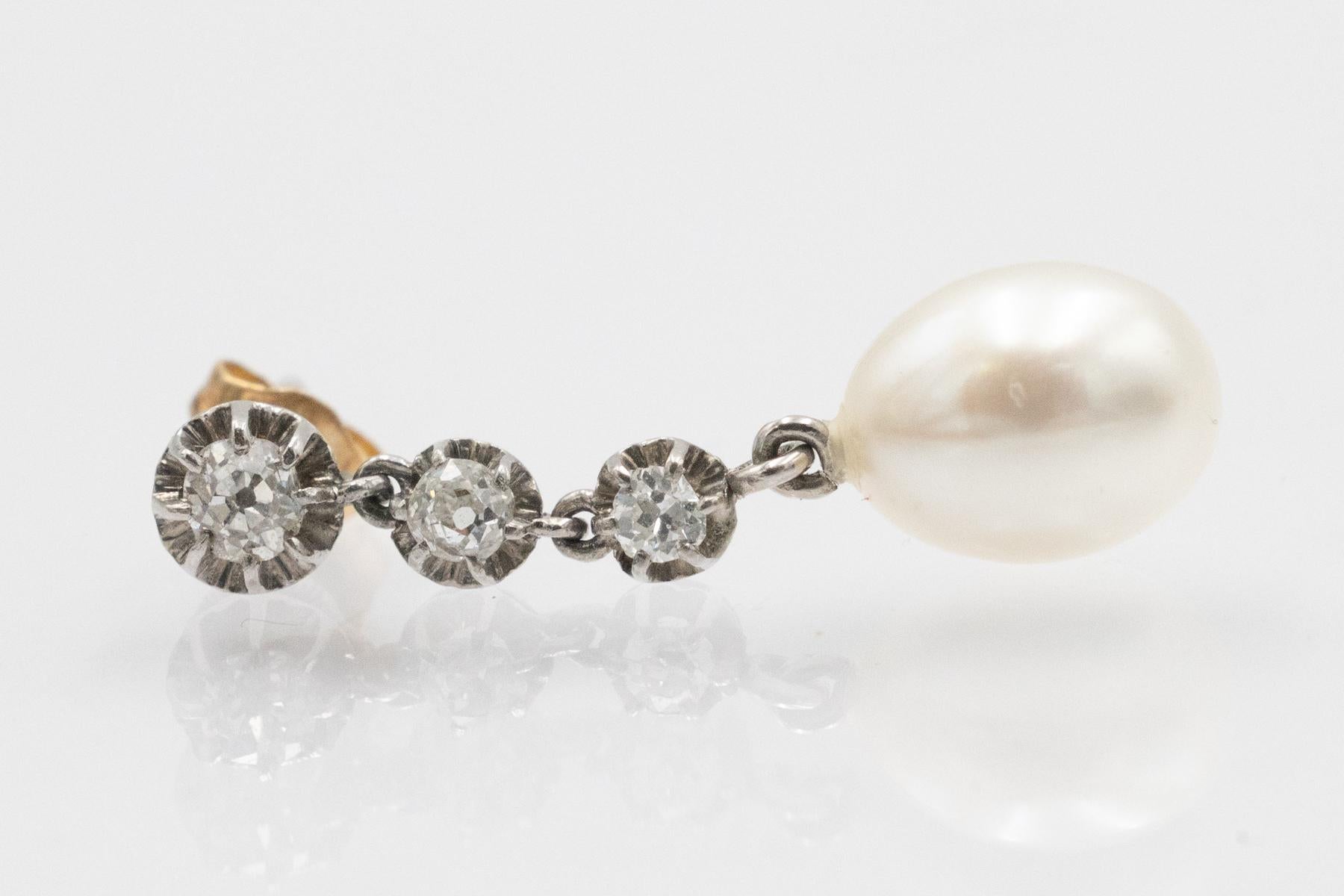 Pendientes clásicos de época con diamantes y perlas, principios del siglo XX. en Bueno estado para la venta en Chorzów, PL