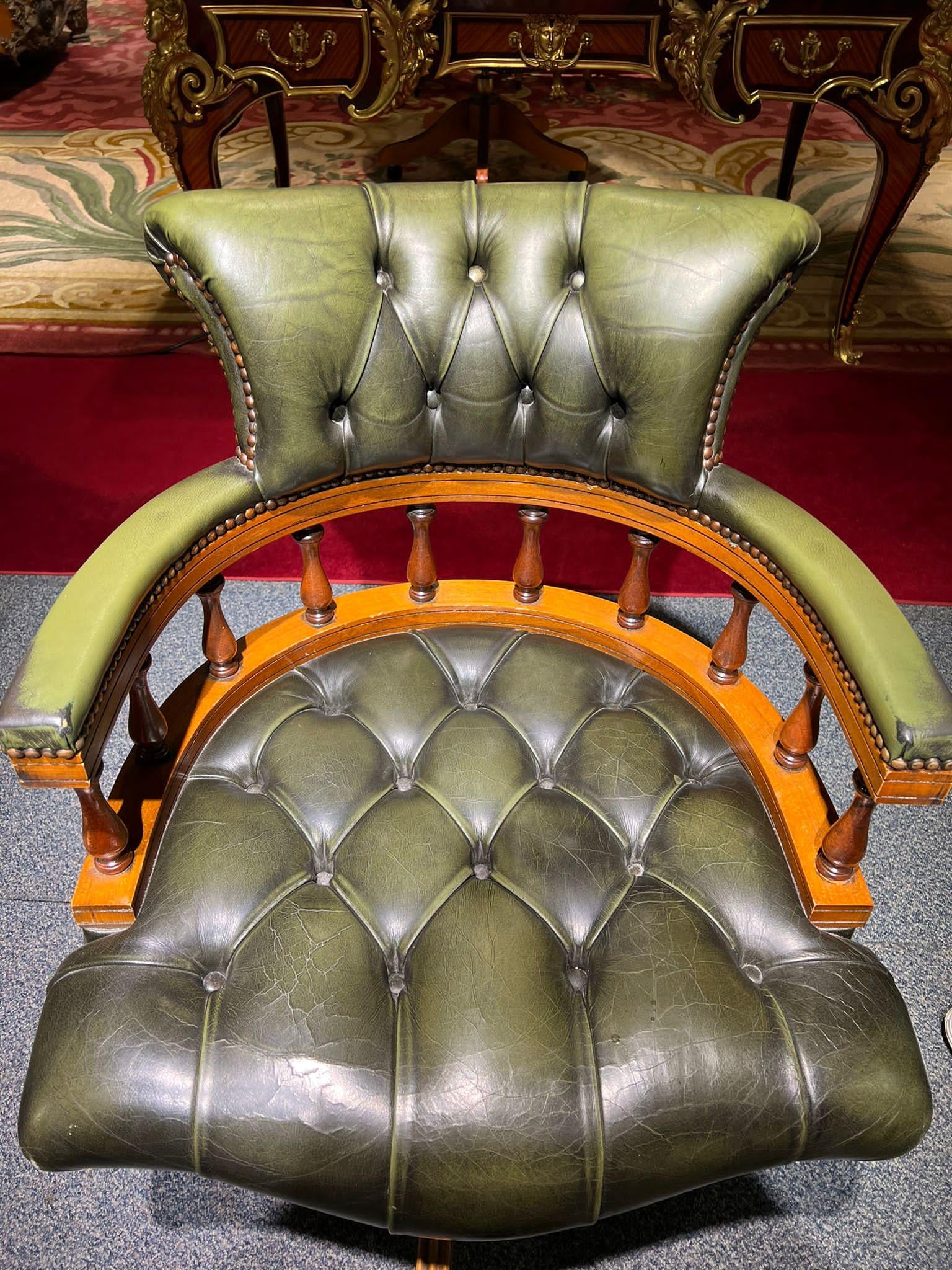 Classic Vintage English Green Chesterfield Captains Office Chair 8