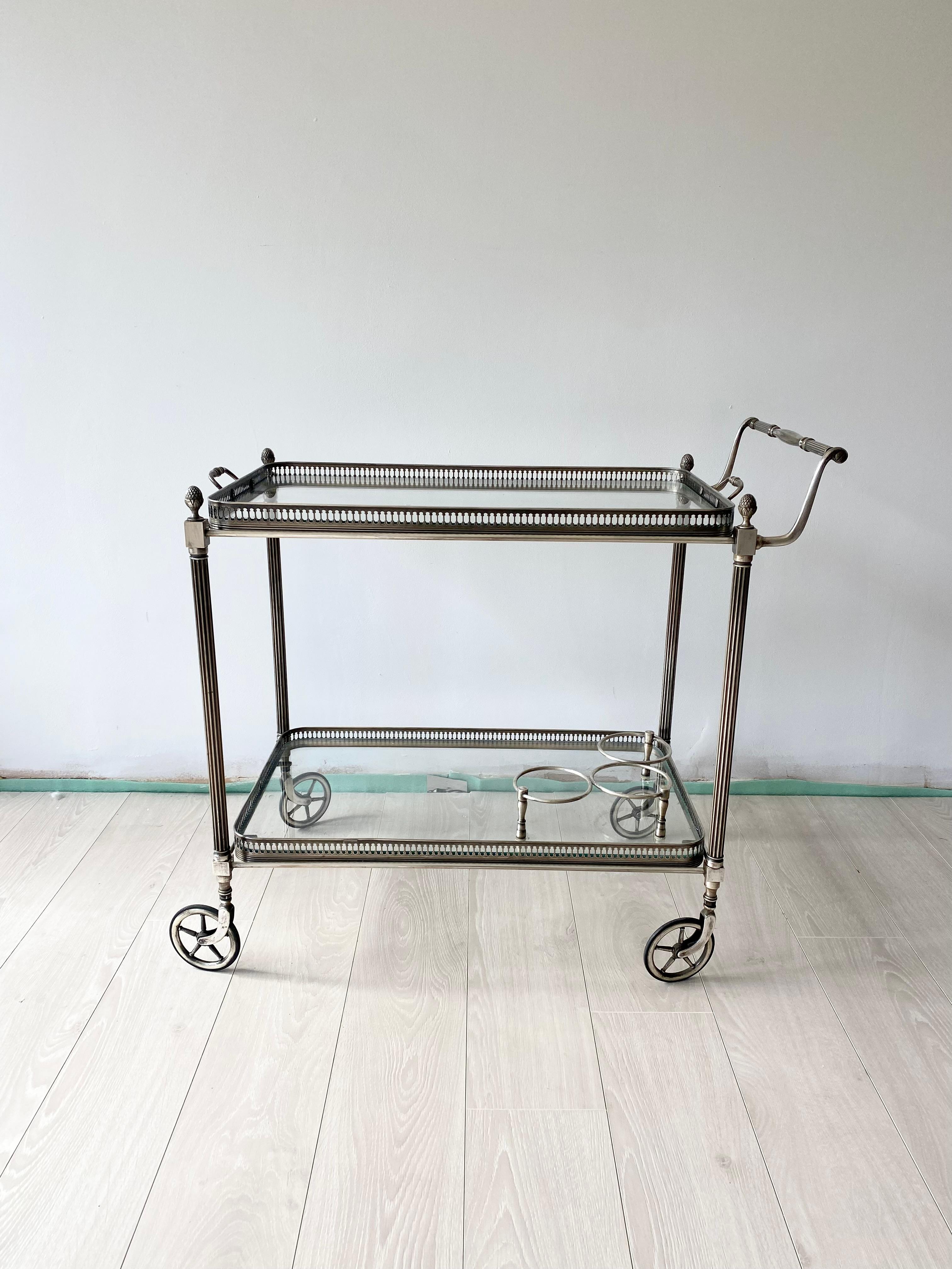 Classic Vintage French Silver Drinks Trolley Bar Cart 1