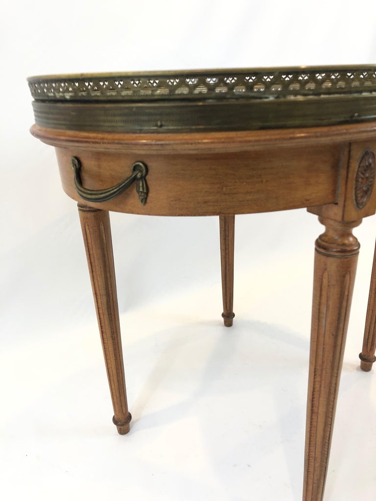 Classic Vintage Fruitwood Oval Coffee Table with Marble Top and Brass