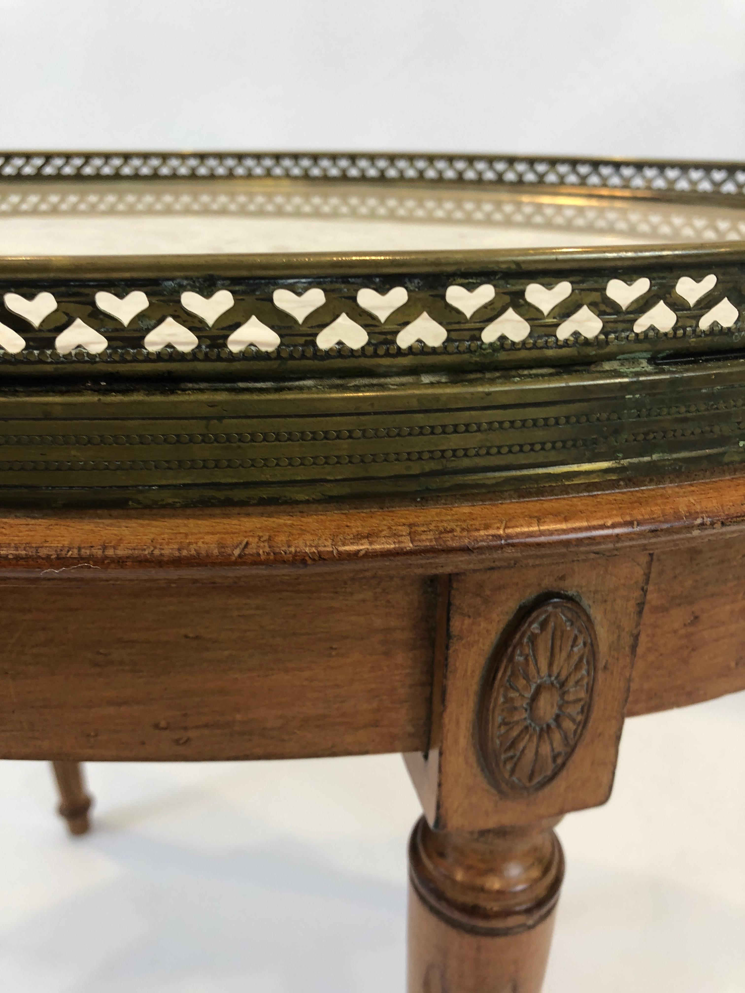 Louis XVI Classic Vintage Fruitwood Oval Coffee Table with Marble Top and Brass Gallery