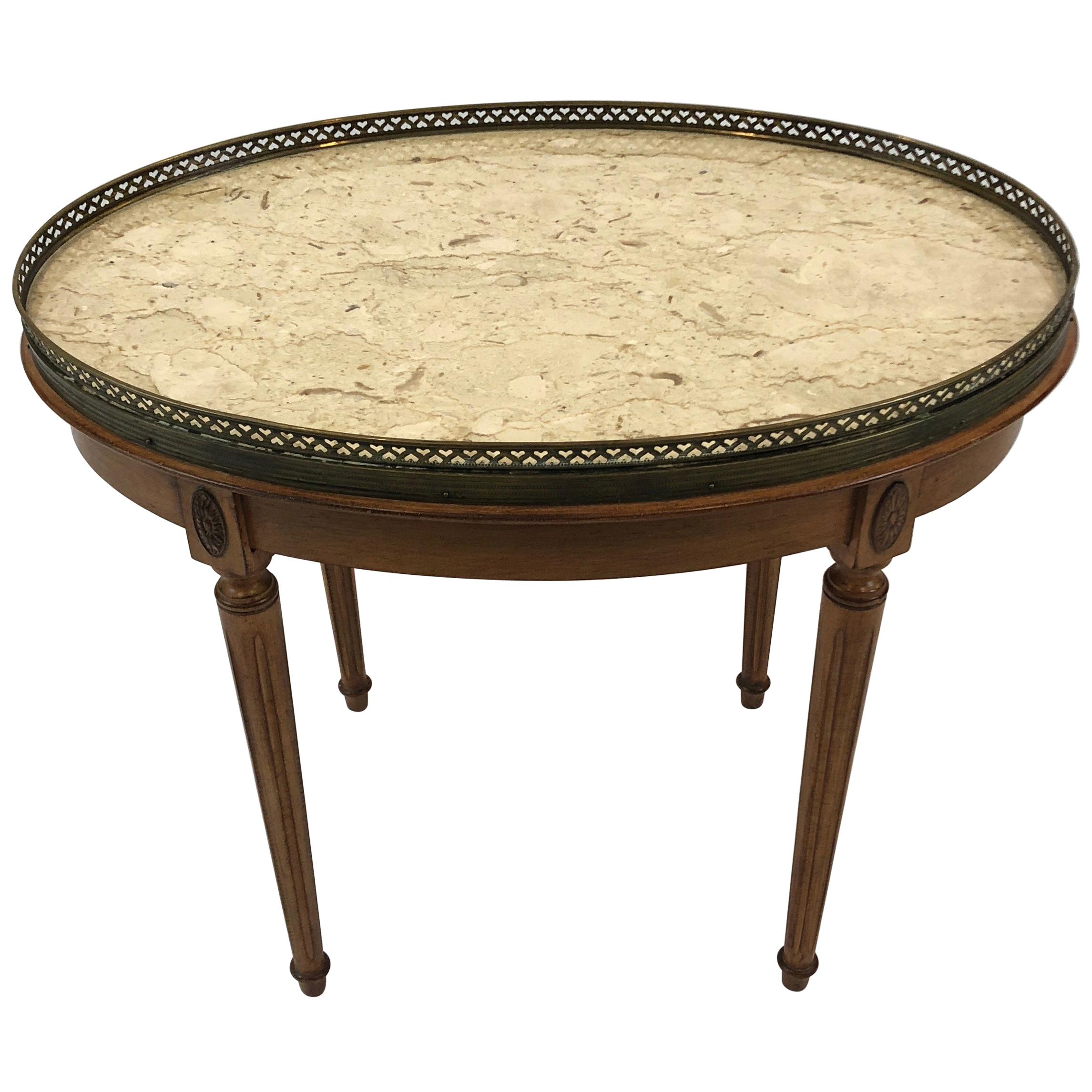 Classic Vintage Fruitwood Oval Coffee Table with Marble Top and Brass Gallery
