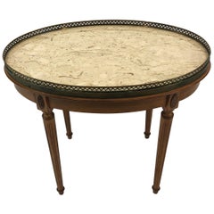 Classic Vintage Fruitwood Oval Coffee Table with Marble Top and Brass Gallery