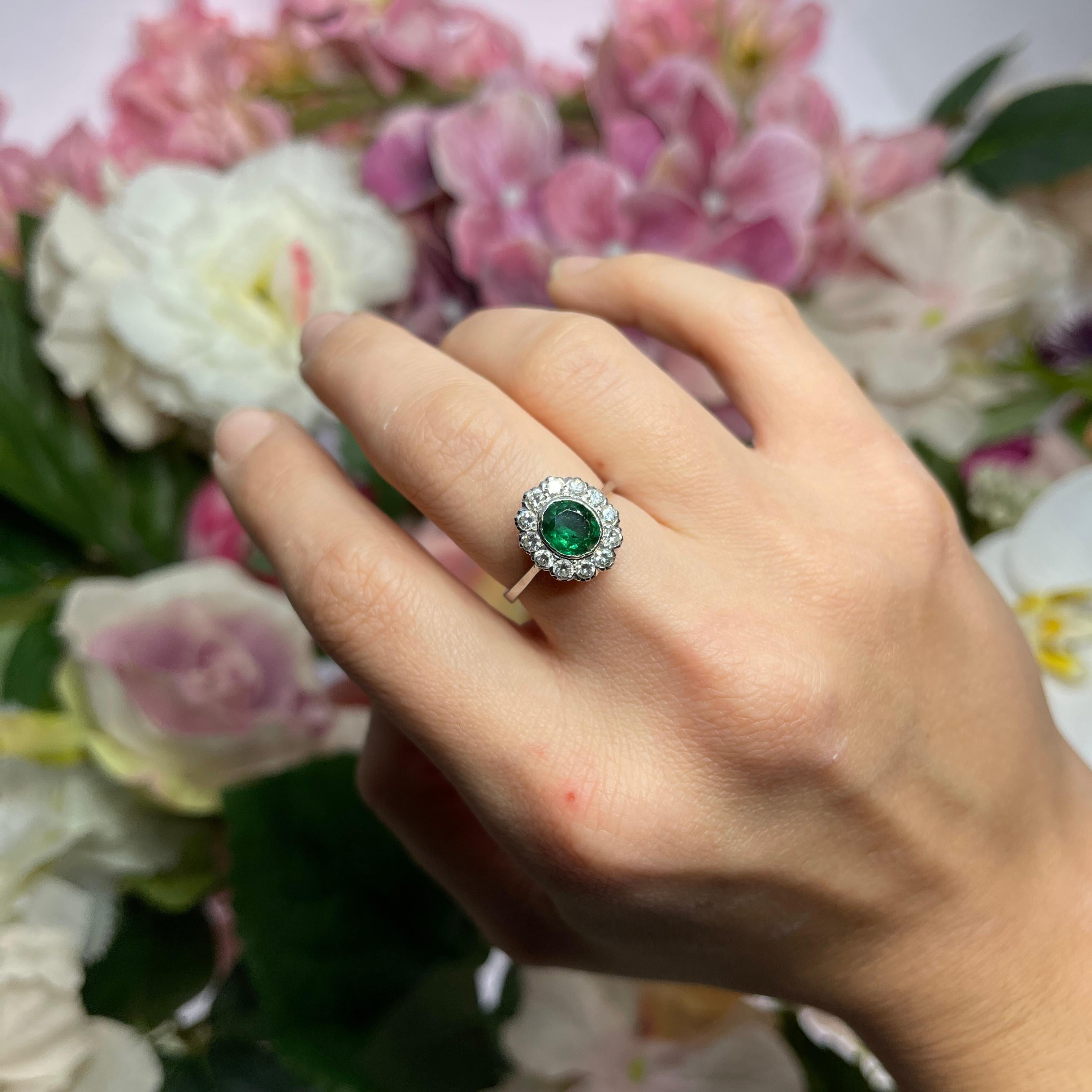 Classic Vintage Halo Ring Oval Emerald 0.45 carats and White Diamond White Gold For Sale 3