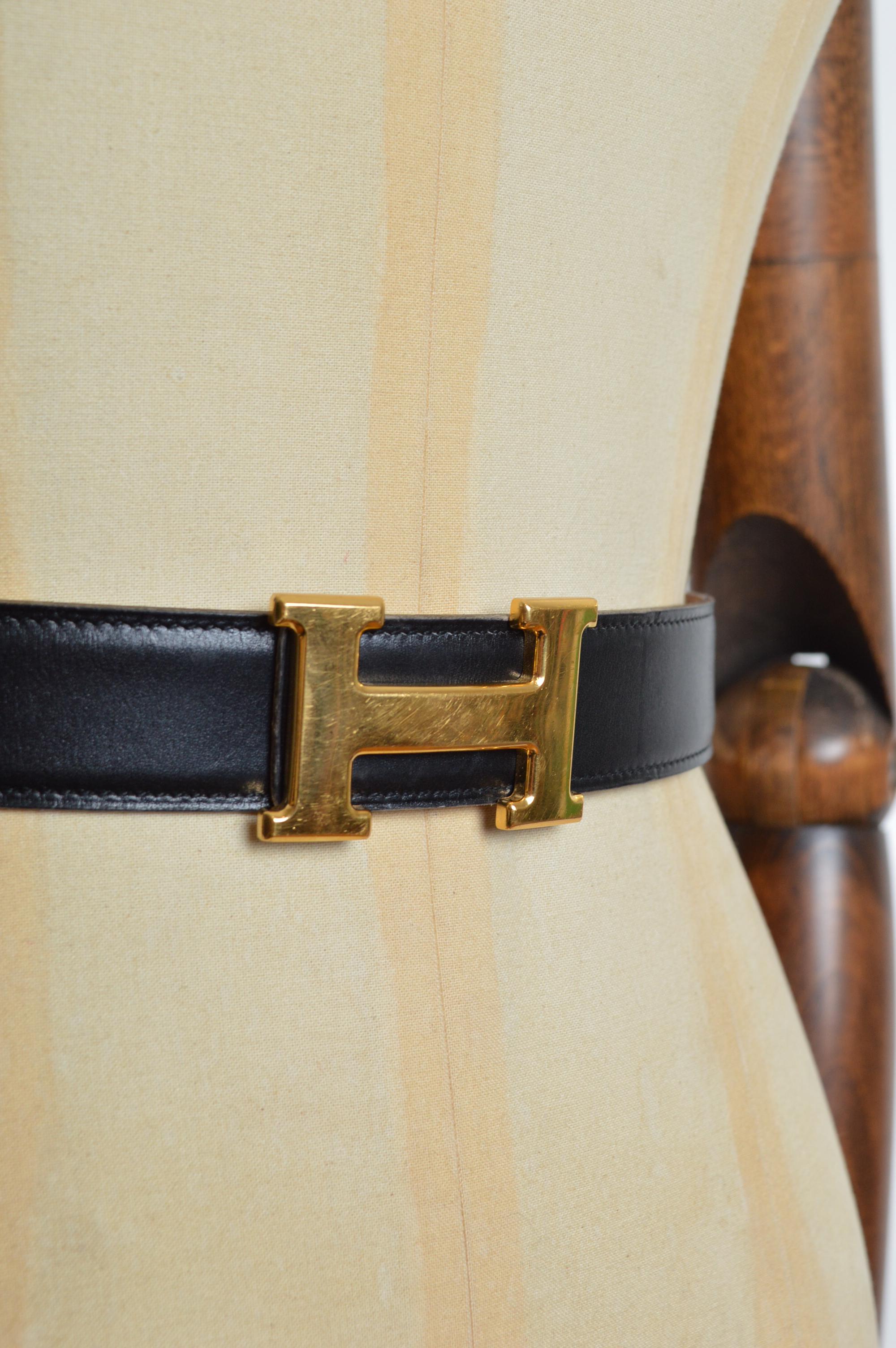 Classic Vintage HERMÈS Black Leather Gold H Buckle Waist belt For Sale 9
