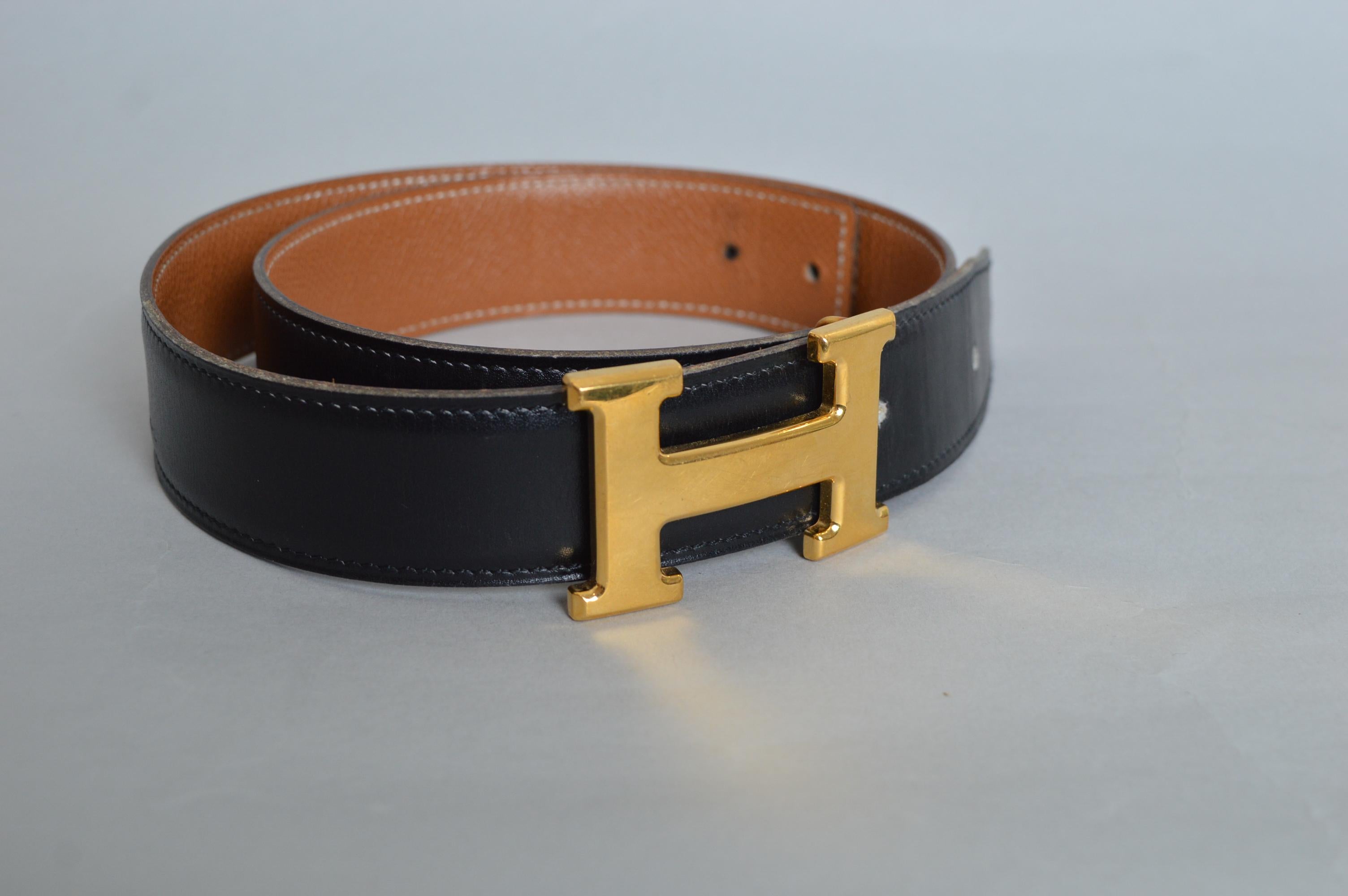 Classic Vintage HERMÈS Black Leather Gold H Buckle Waist belt In Good Condition For Sale In Sheffield, GB