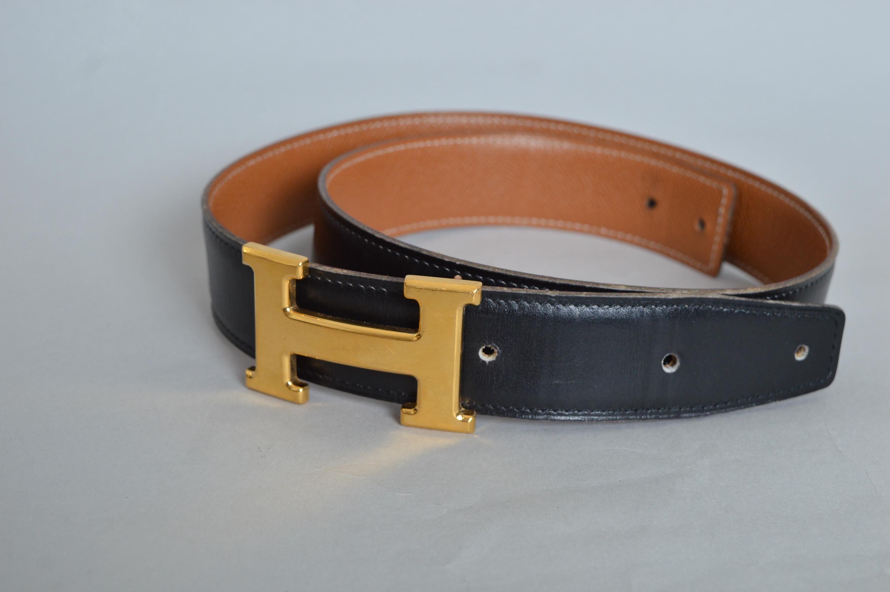 Women's or Men's Classic Vintage HERMÈS Black Leather Gold H Buckle Waist belt For Sale