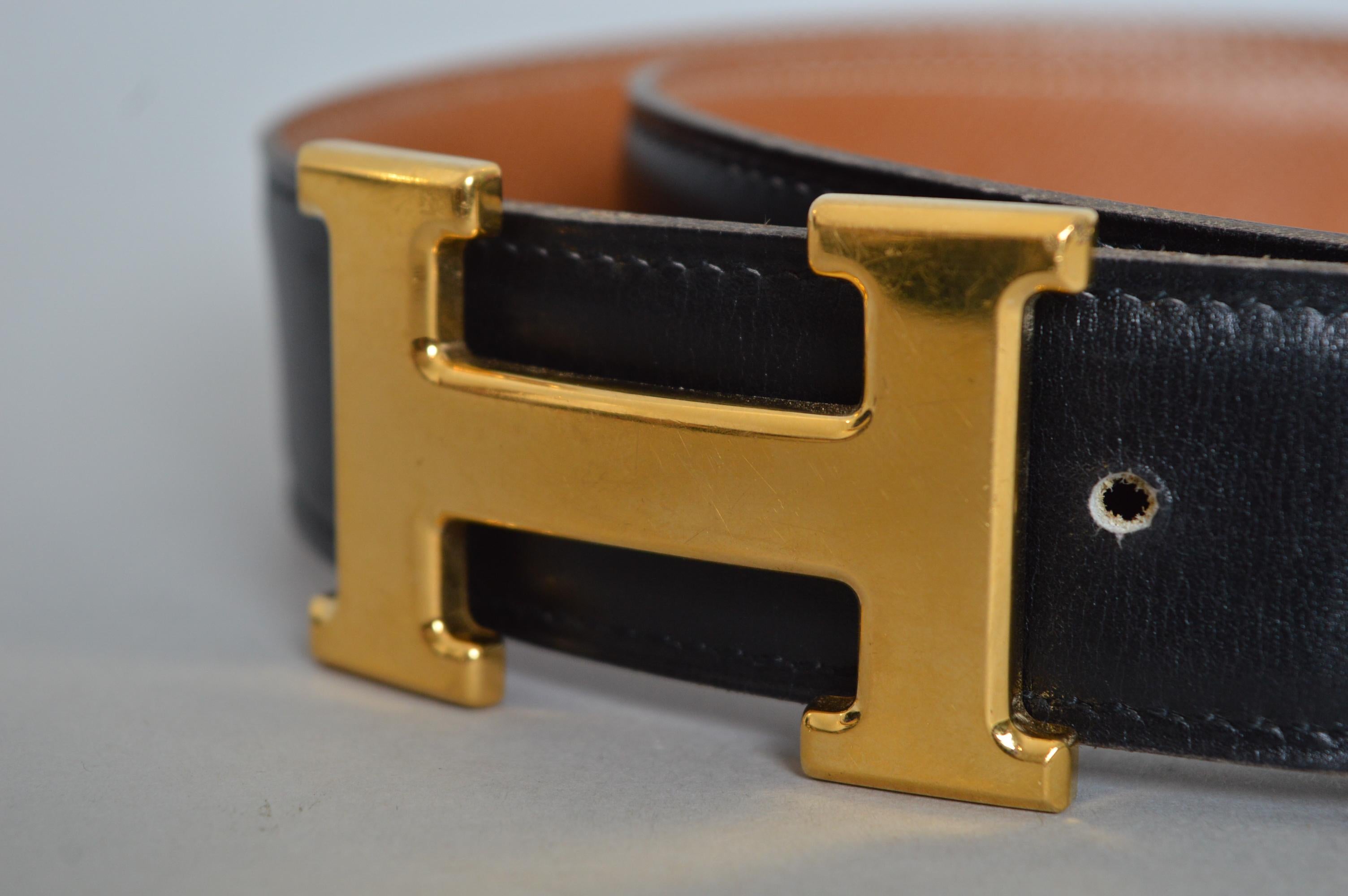 Classic Vintage HERMÈS Black Leather Gold H Buckle Waist belt For Sale 1