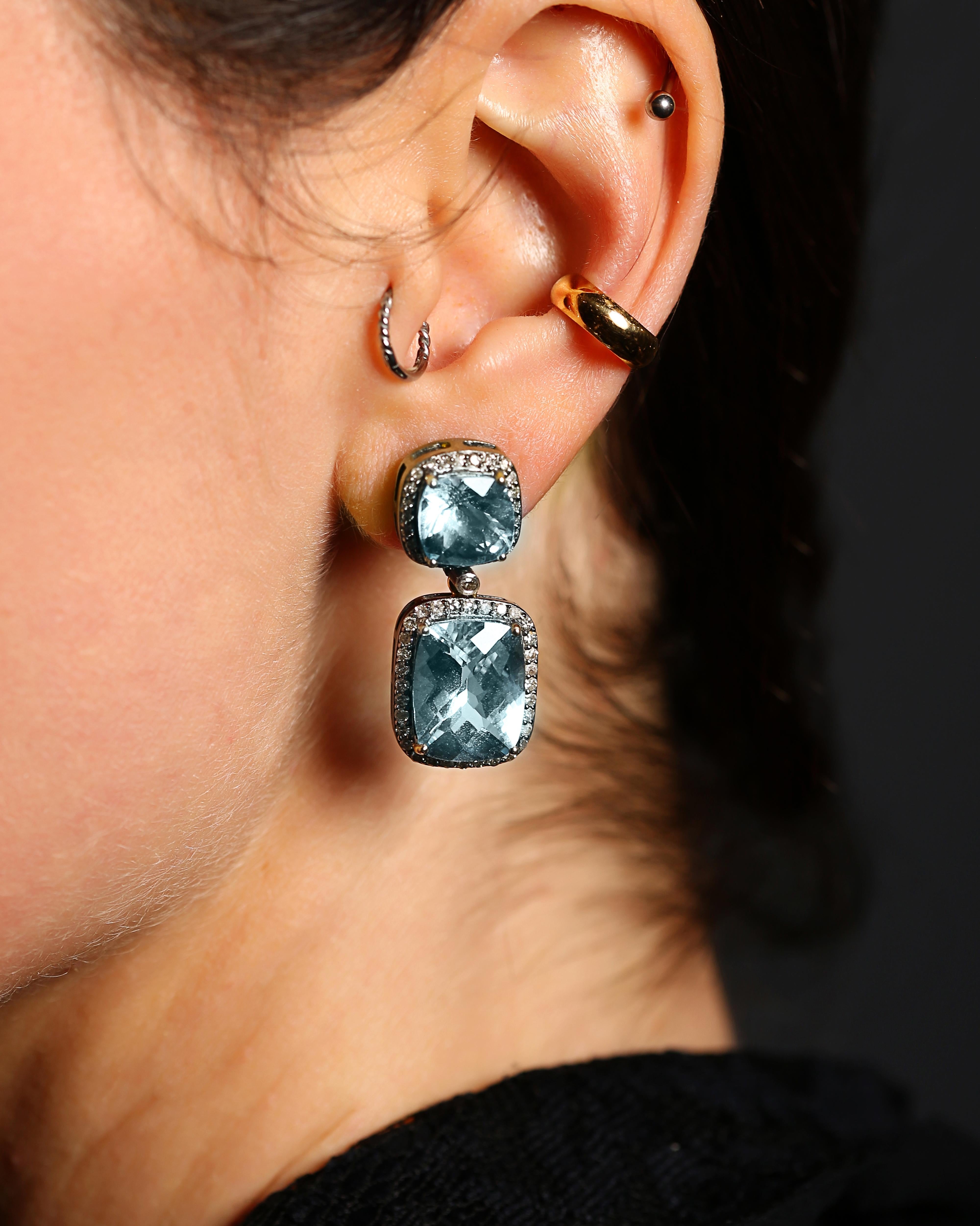 Art Deco Classic Vintage Inspired Blue Topaz Double Drop Earrings For Sale