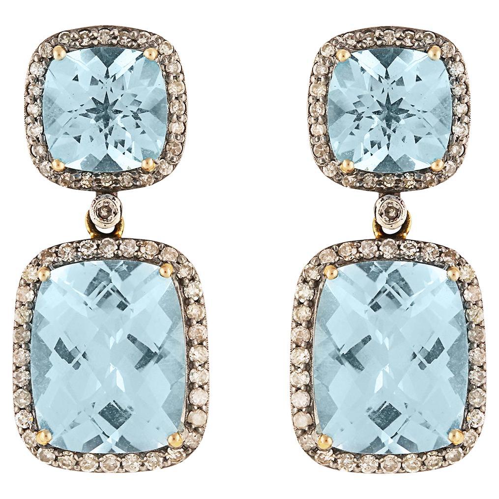 Classic Vintage Inspired Blue Topaz Double Drop Earrings For Sale