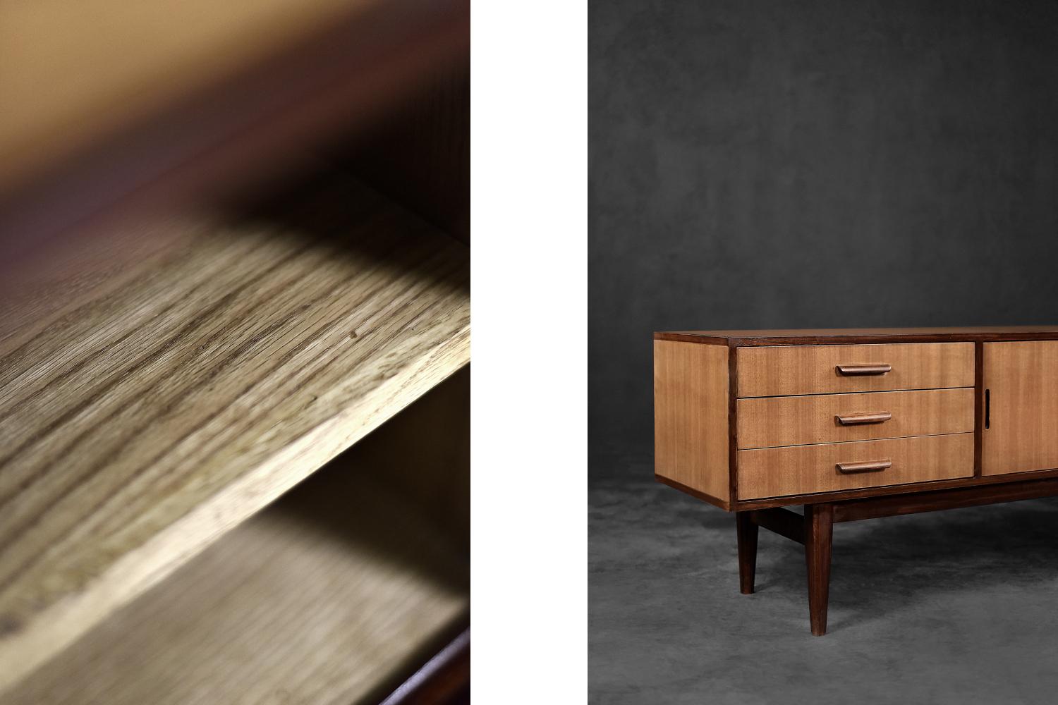 Credenza classica vintage di metà secolo, moderna scandinava, in mogano con cassetti in vendita 3