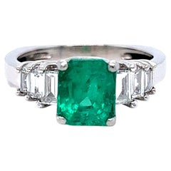 Classic Vintage Platinum Emerald Engagement Ring with Baguette Diamonds, 2.22ct