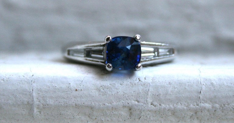 Classic Vintage Platinum Sapphire Engagement Ring with Baguette ...
